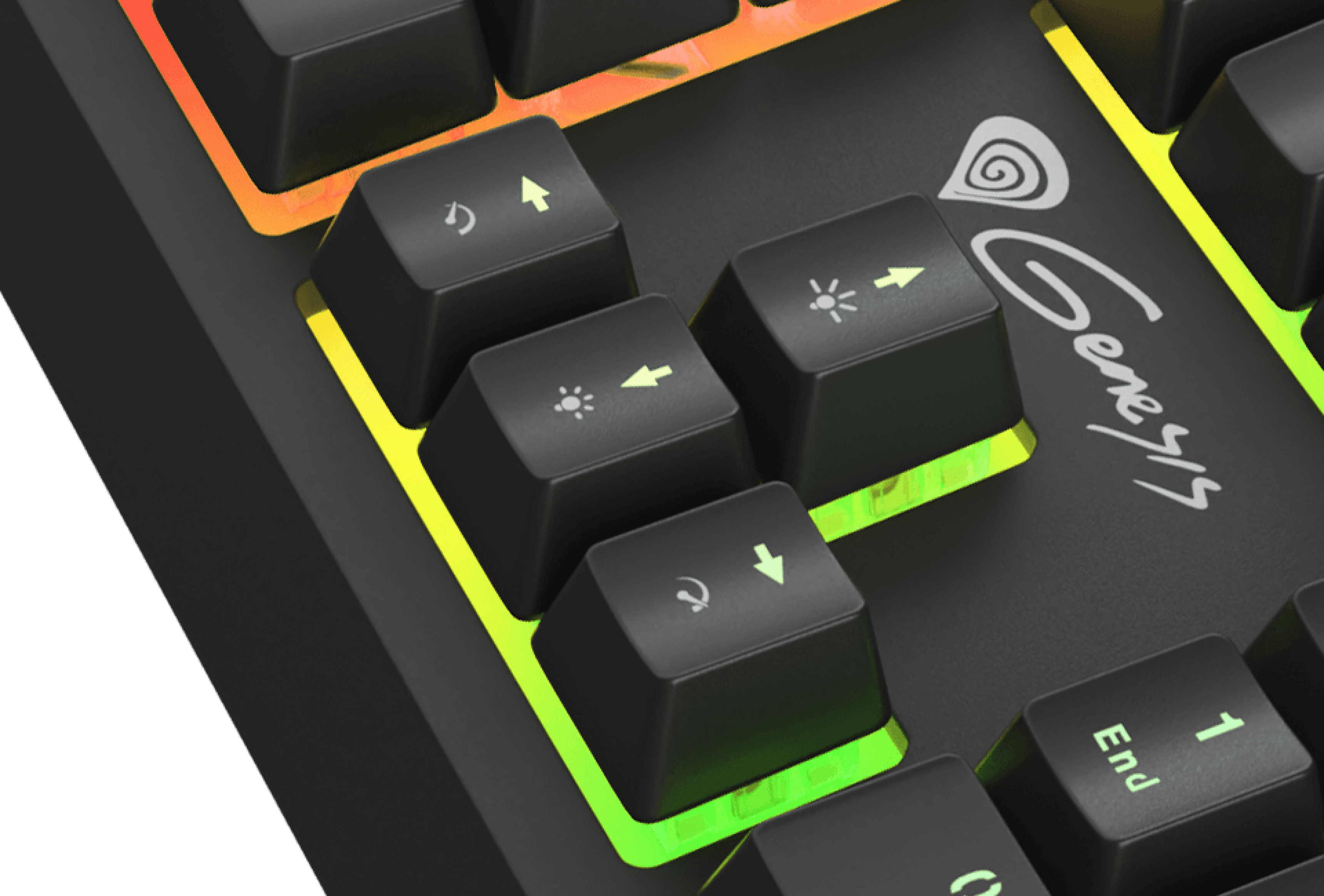 Close-up of a gaming keyboard with colorful backlit keys and a logo on the side.
