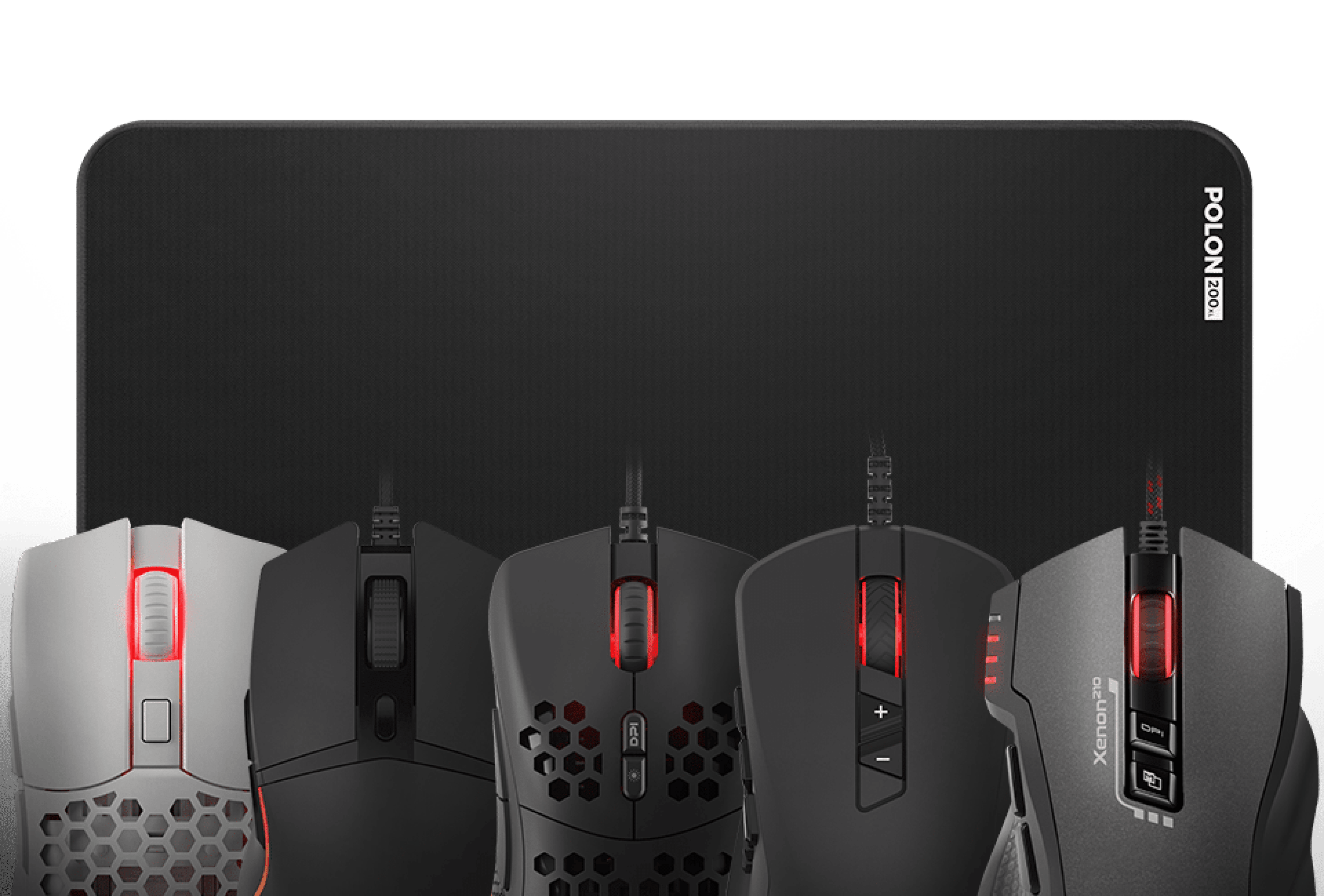 Large gaming mouse pad with four gaming mice displayed, featuring a sleek black design and a textured surface for improved control