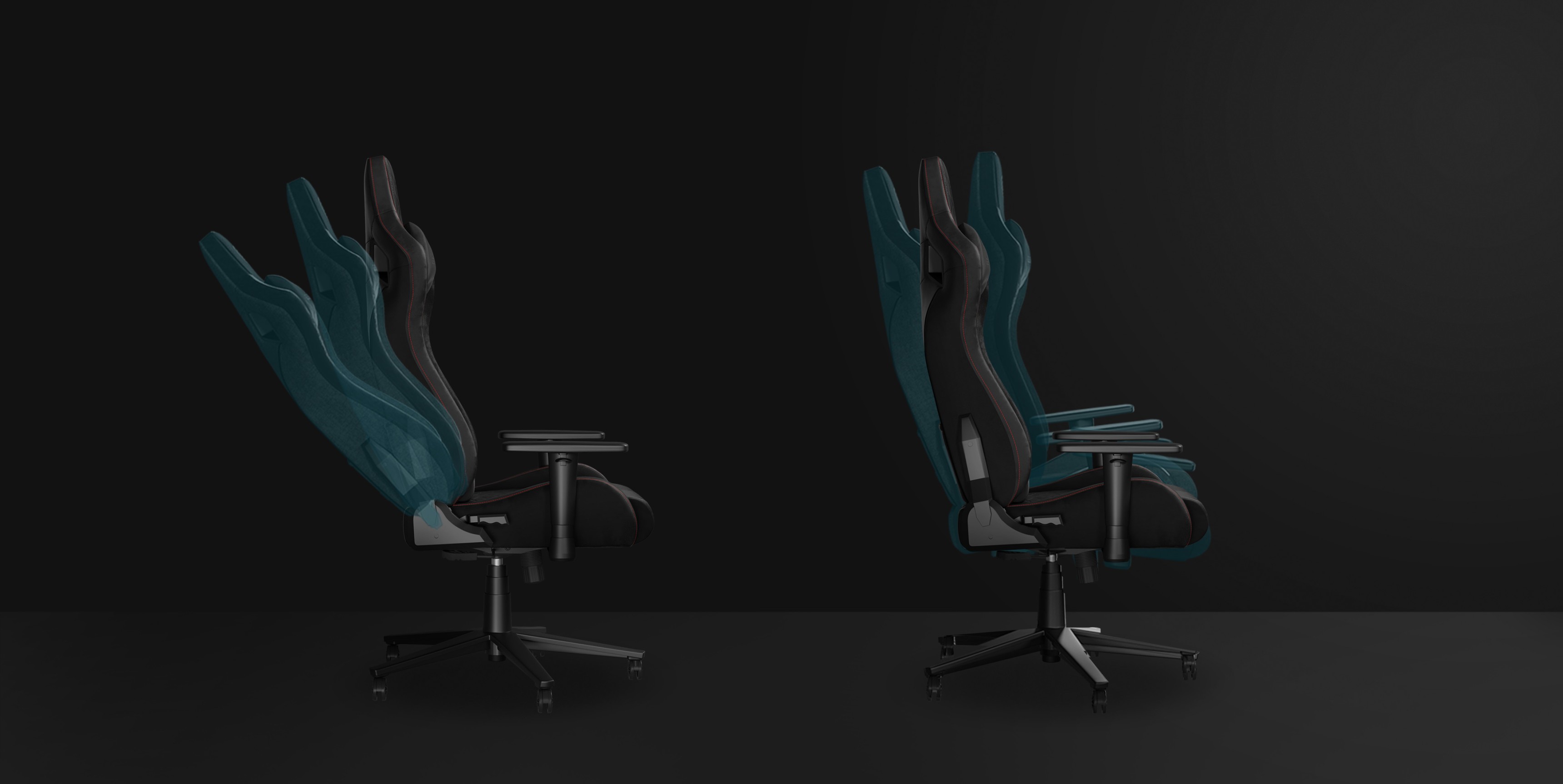 Two ergonomic gaming chairs in a dark setting, showcasing adjustable backrests and armrests.