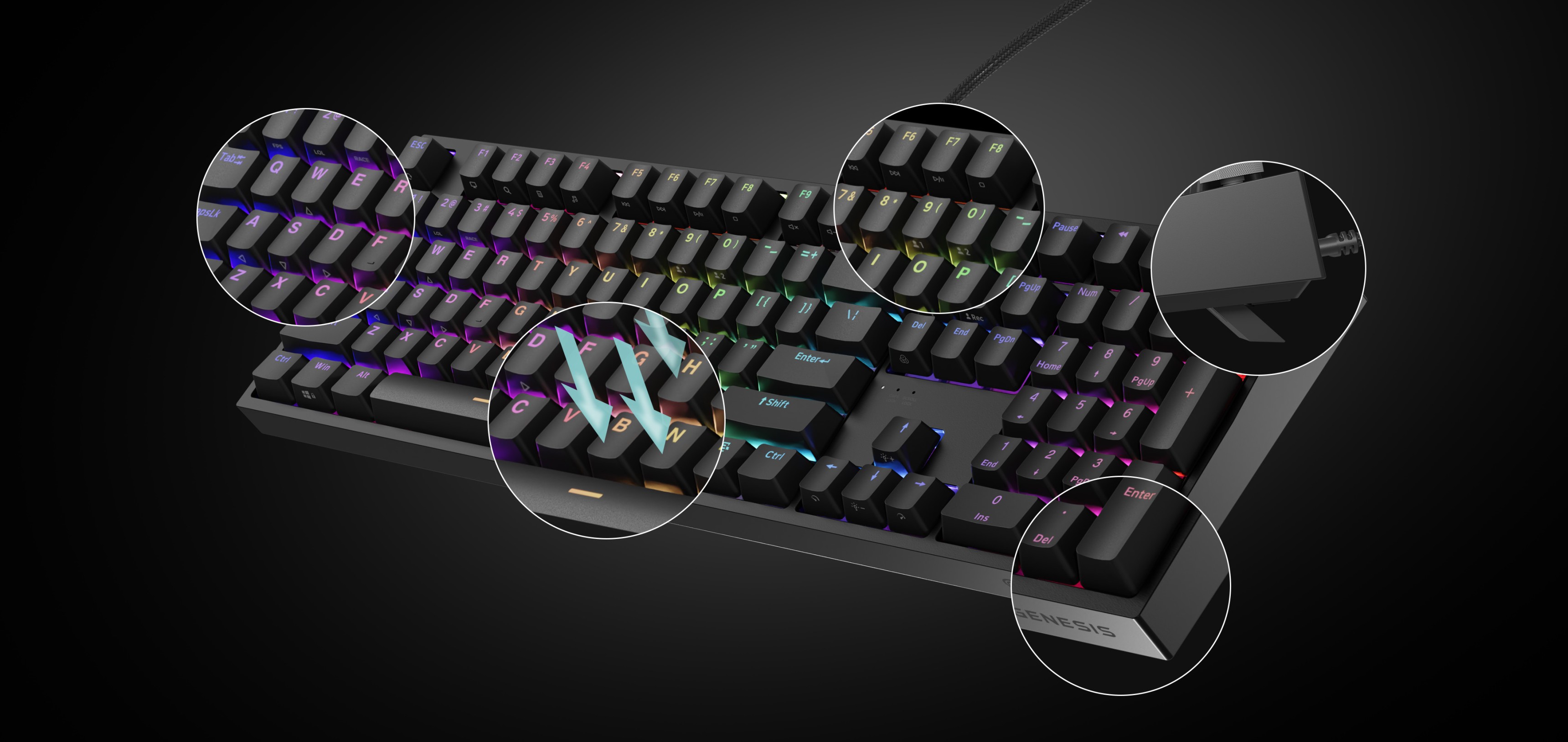 Mechanical gaming keyboard with RGB backlighting, featuring Gateron Yellow Pro switches and highlighted key areas