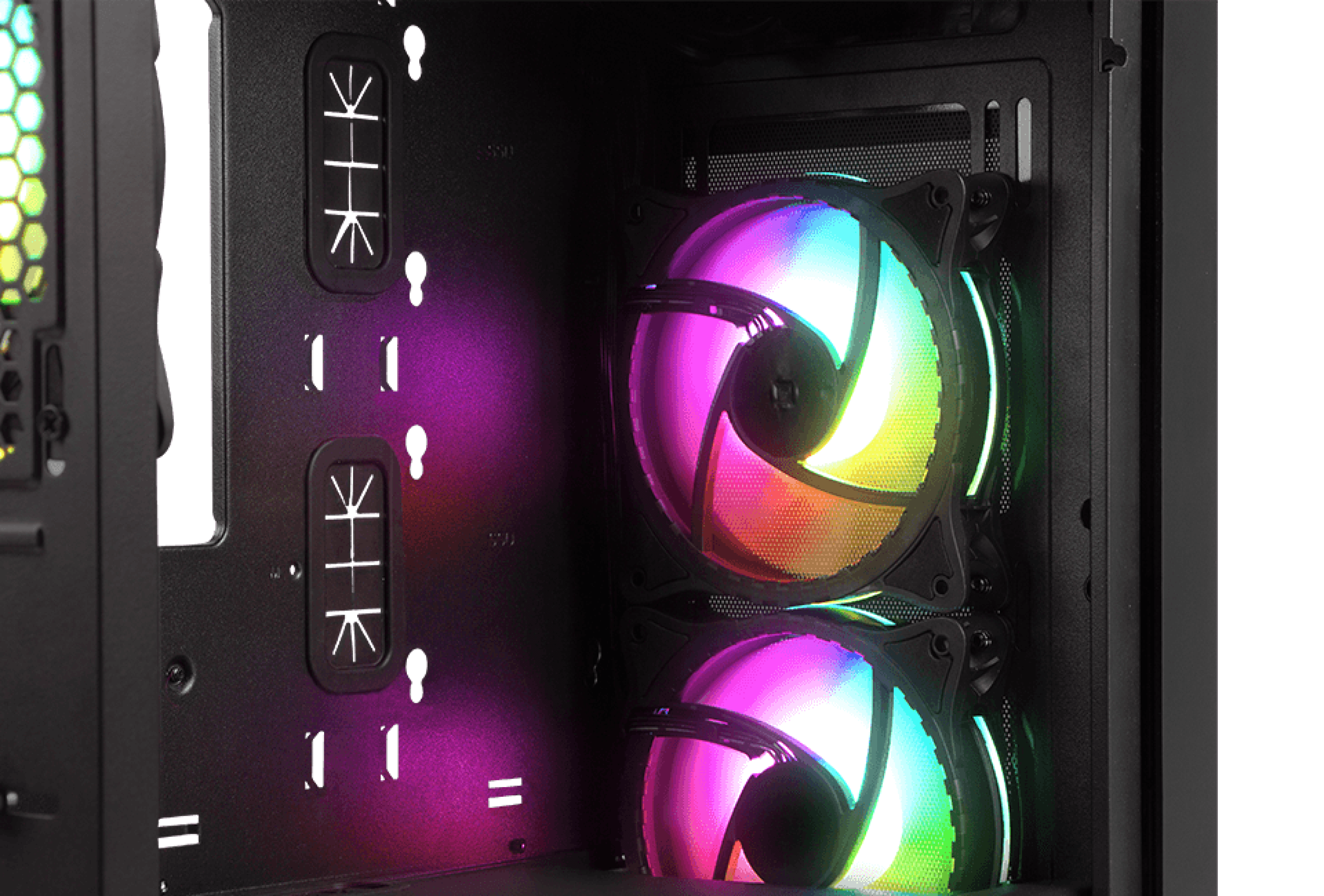 Computer case interior with two colorful cooling fans and various connectors visible.