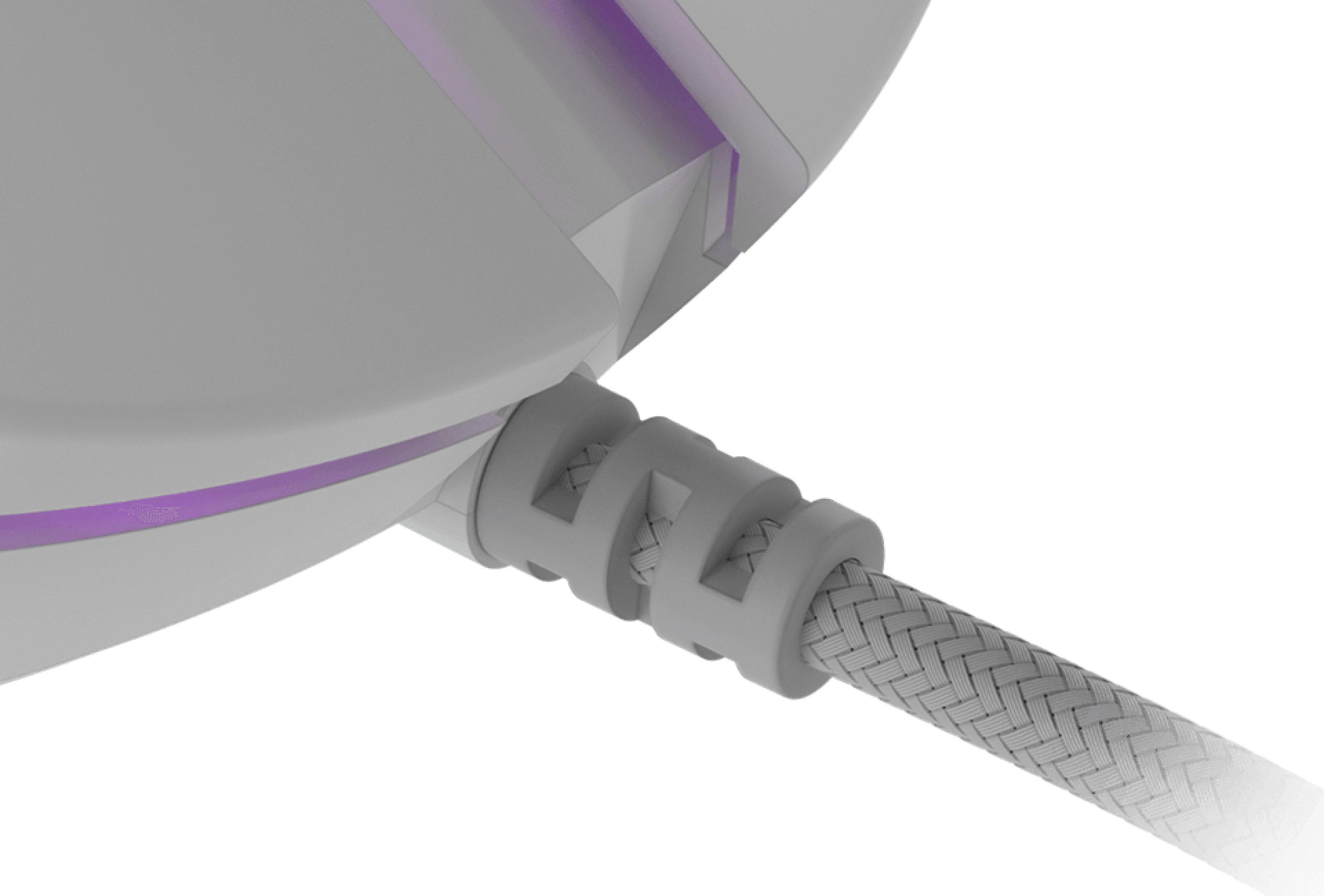 Close-up view of a connector with a braided cable attached and a glowing element.