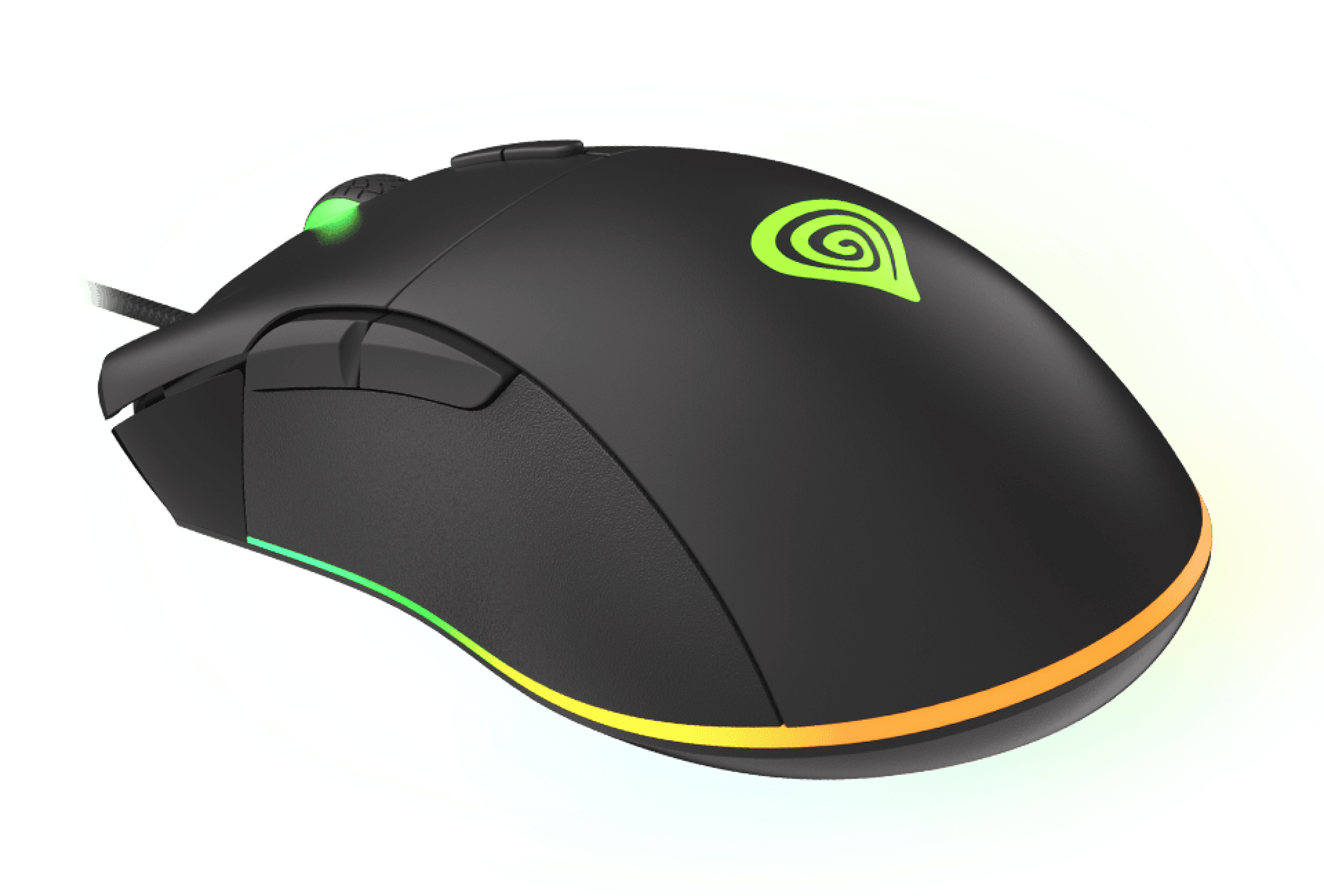 Black gaming mouse with RGB lighting, featuring programmable buttons and a DPI of 6400. Green logo visible on the side
