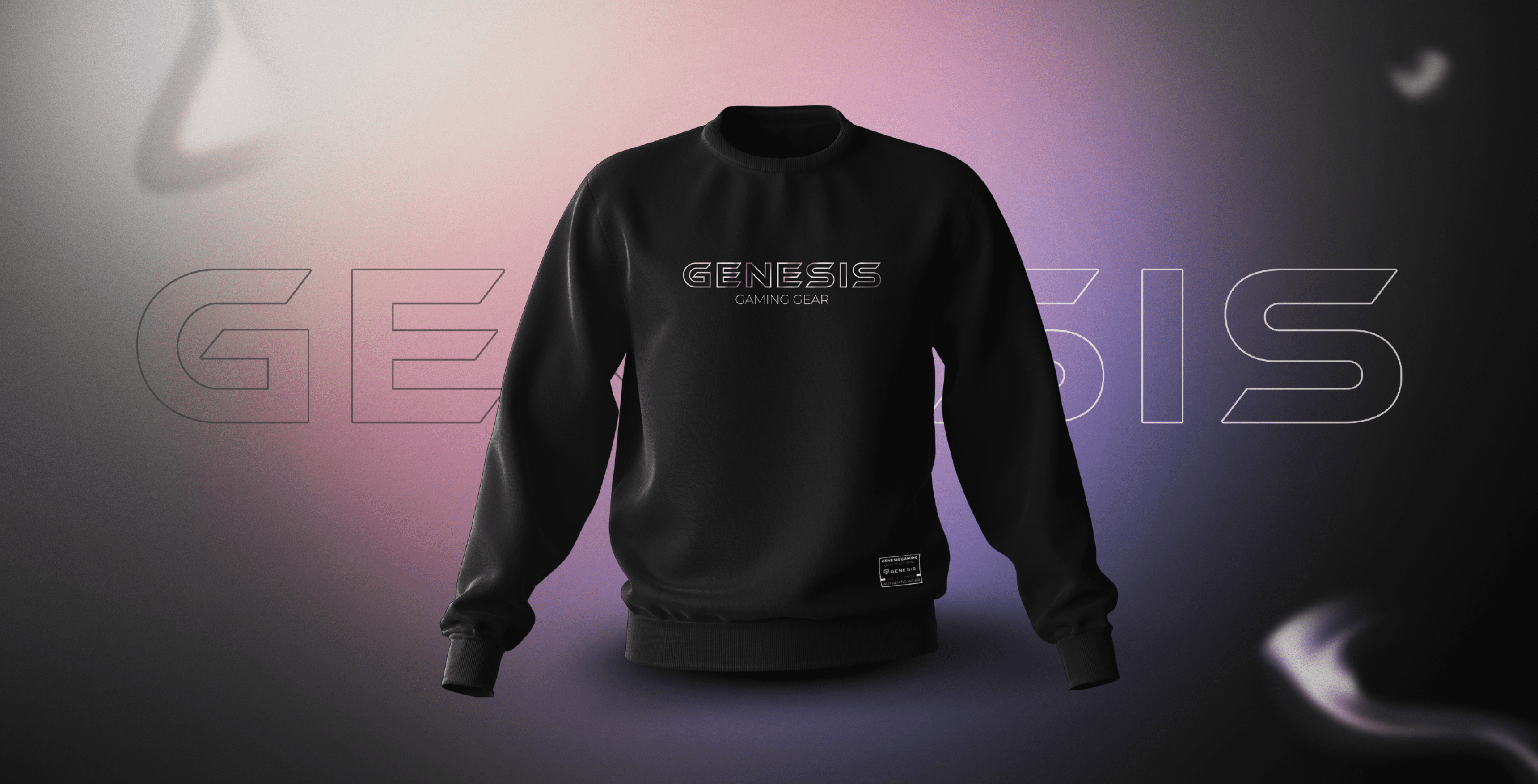 Black sweatshirt featuring "GENESIS" text on the front, set against a gradient background