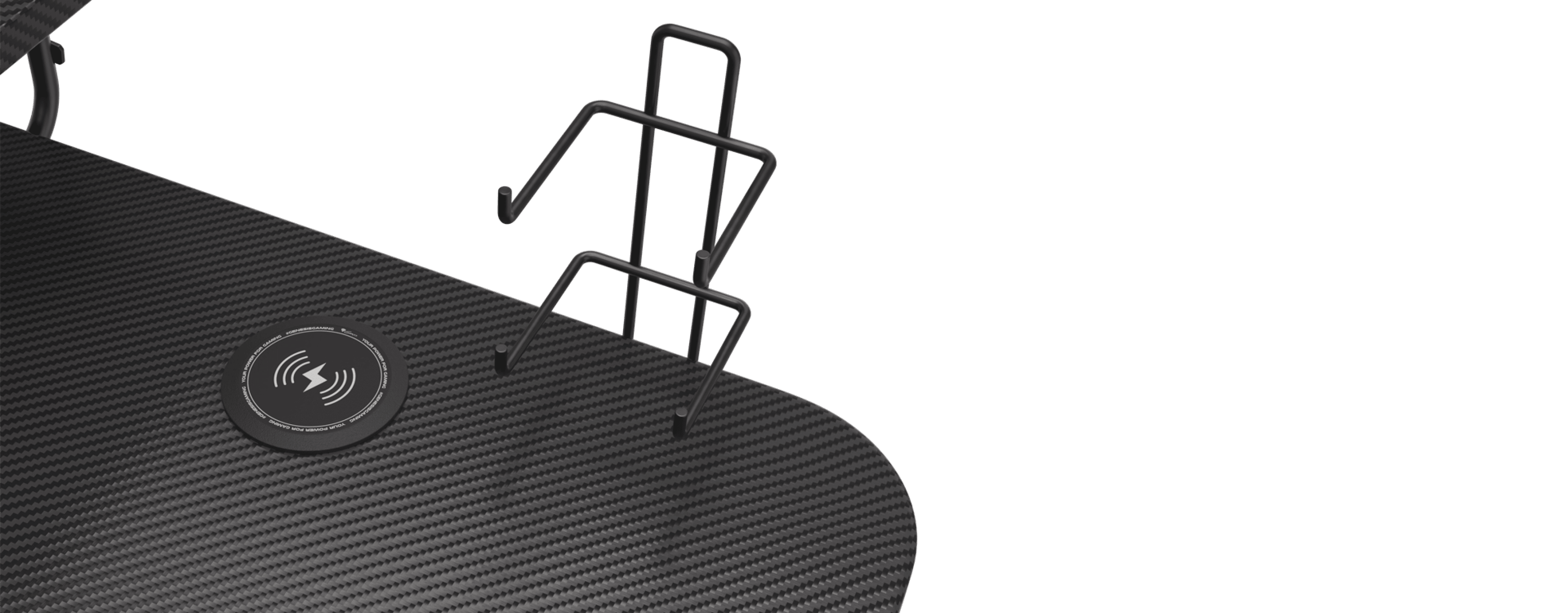 Gaming desk Genesis Holm 300 RGB with a wireless charging pad and a headset holder, featuring a sleek carbon fiber design
