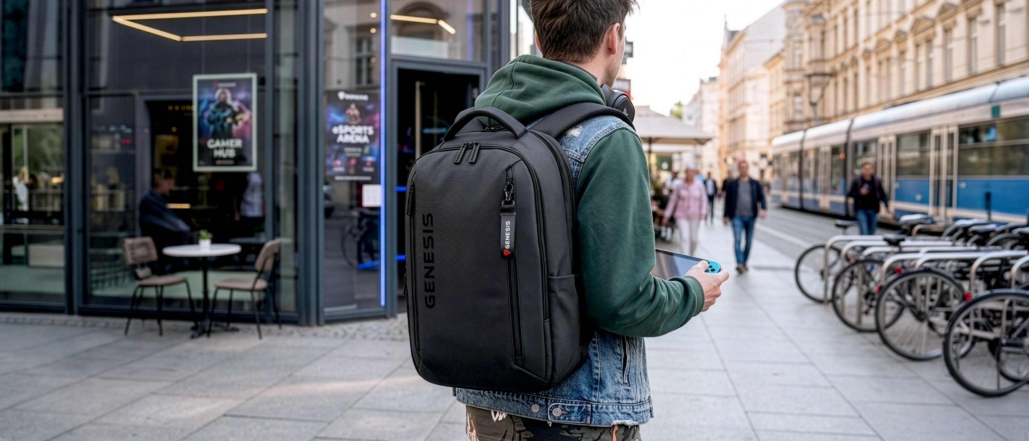 Person standing with a black backpack in a city street near bicycles and buildings.
