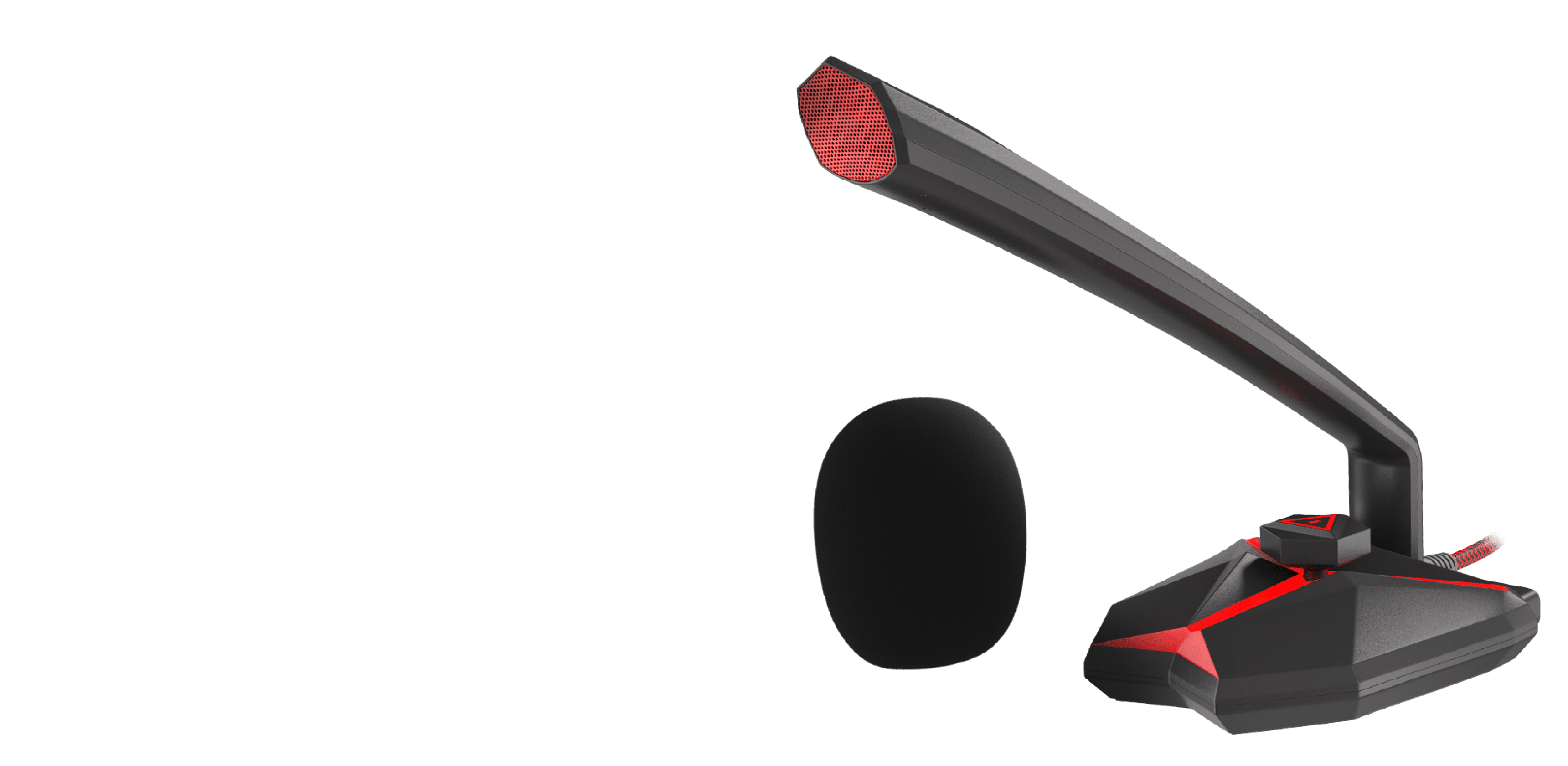 Genesis Radium 200 microphone with a sleek black and red design, featuring a flexible arm and a foam windscreen