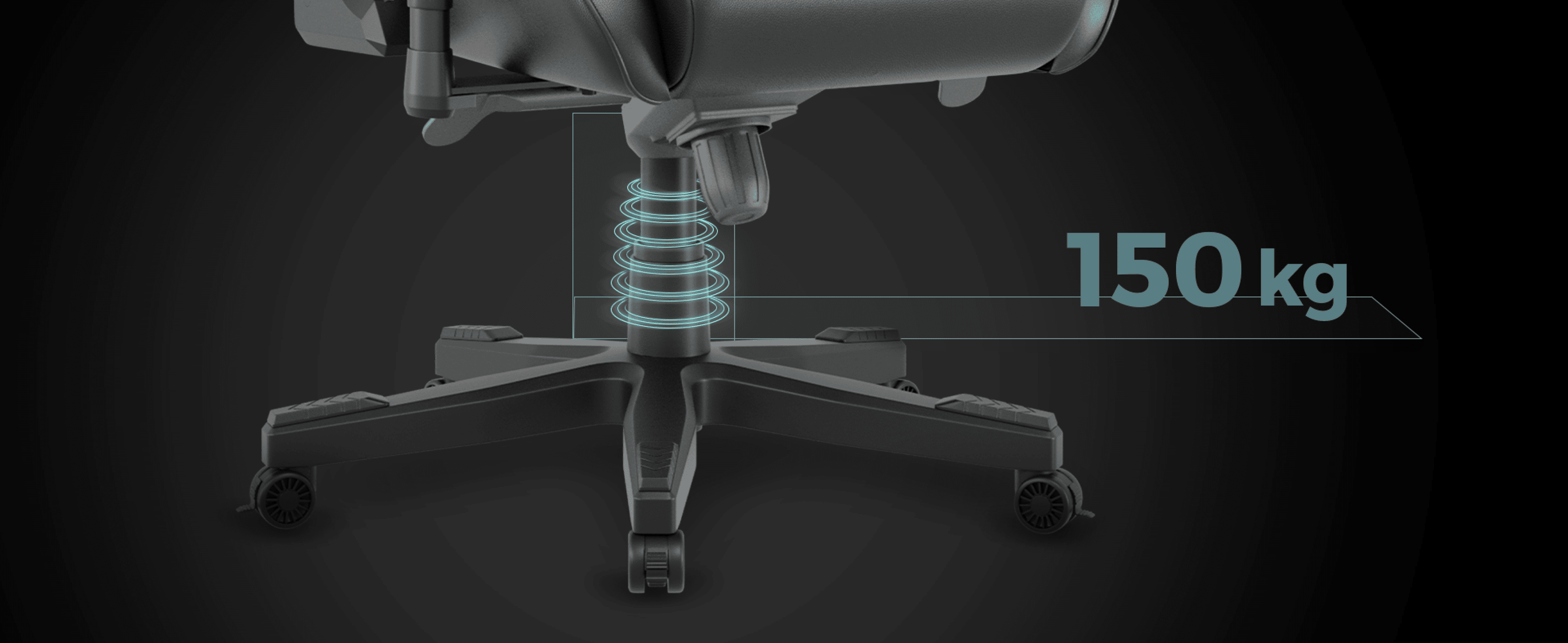 Close-up of the Genesis Nitro 950 gaming chair base, featuring a spring and weight capacity indicator of 150 kg