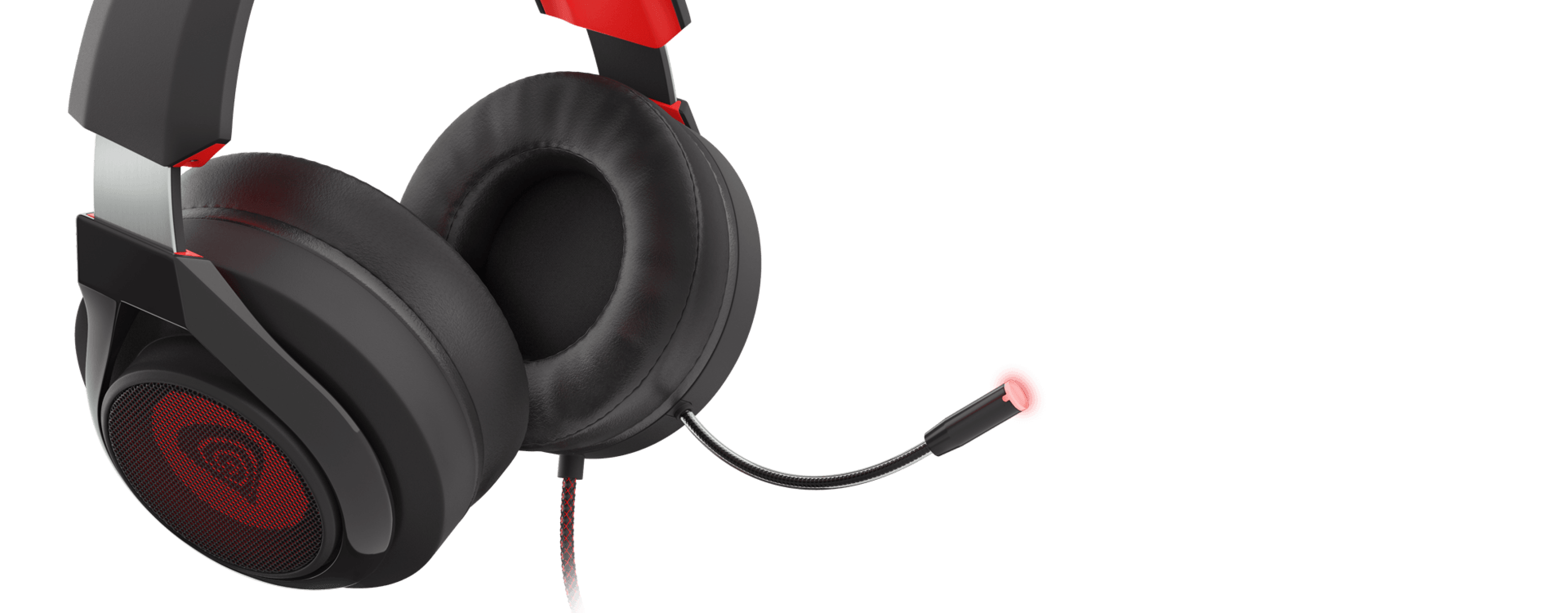 Black and red Genesis Radon 610 7.1 surround sound over-ear headphones with a microphone and LED lighting