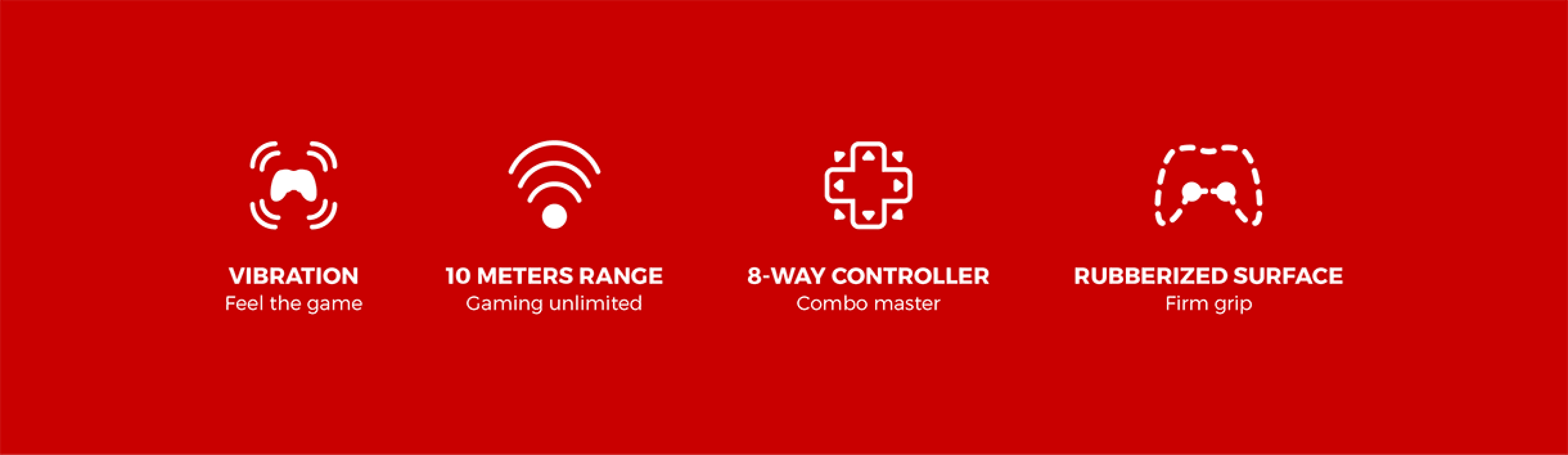 Icons showcasing features of the Genesis Mangan PV65 wireless gamepad: vibration, 10 meters range, 8-way controller, and rubberized surface