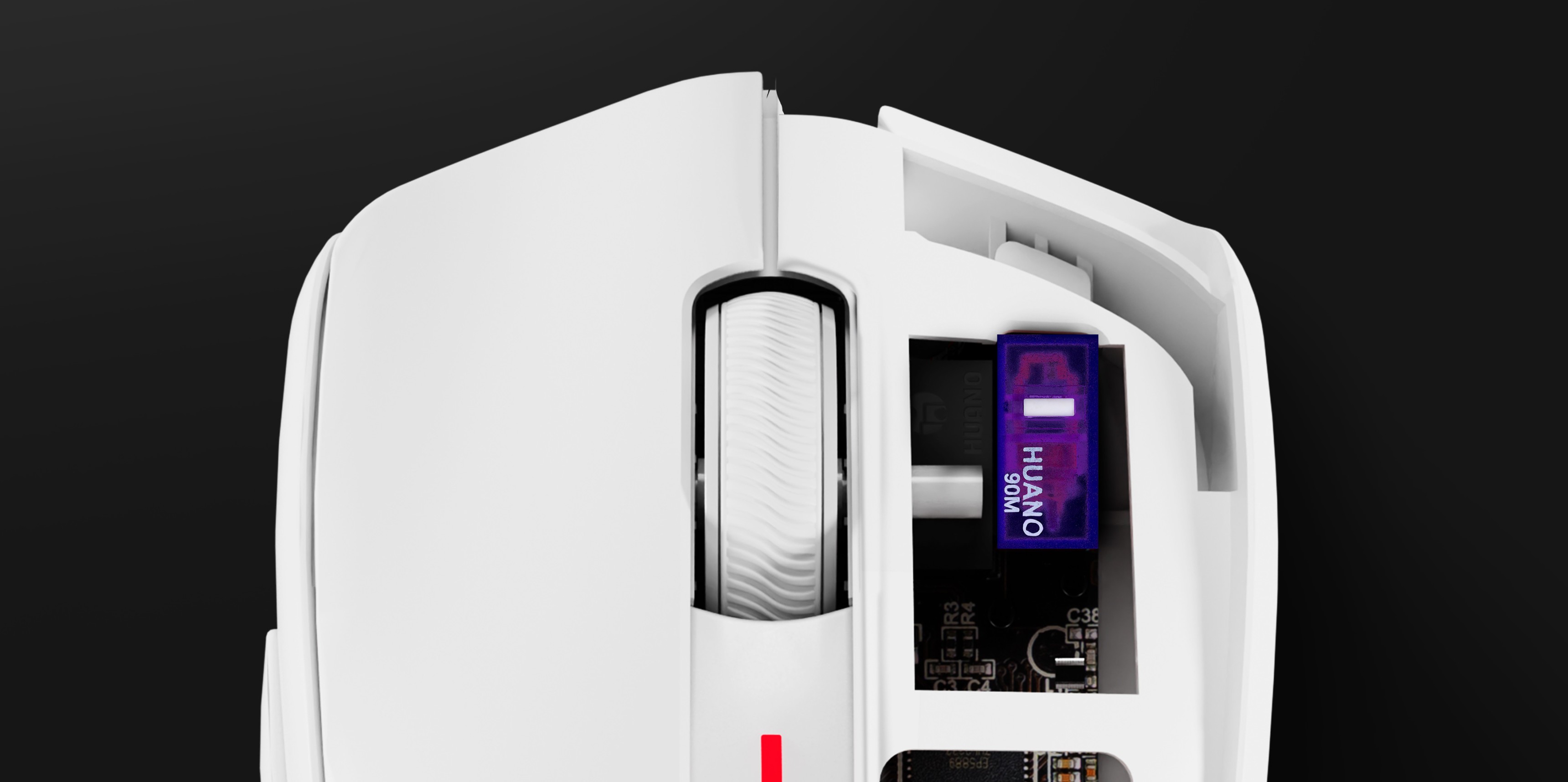 Top view of a mouse with a scroll wheel and an open compartment showing internal components.