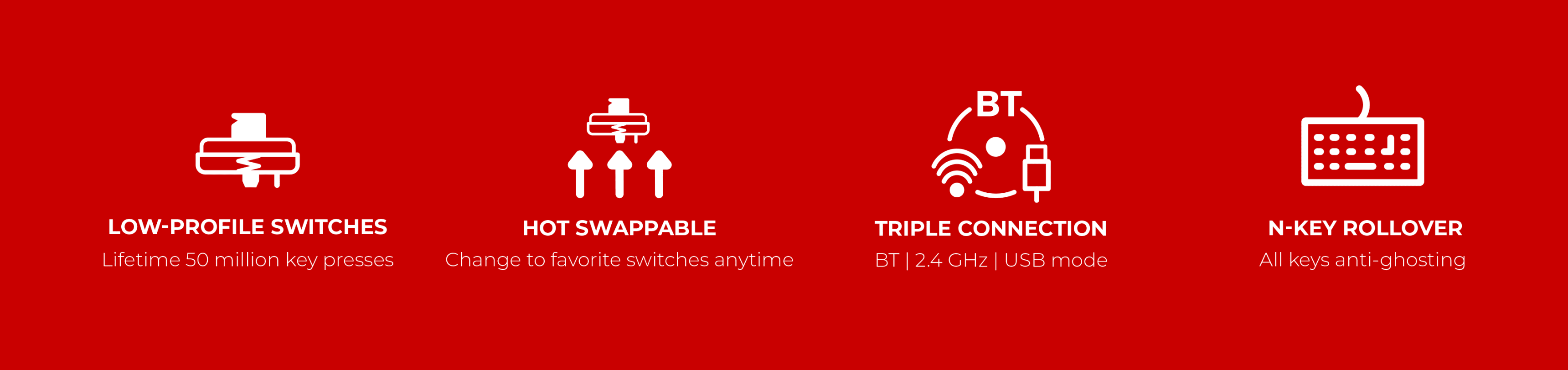 Four icons representing keyboard features on a red background.