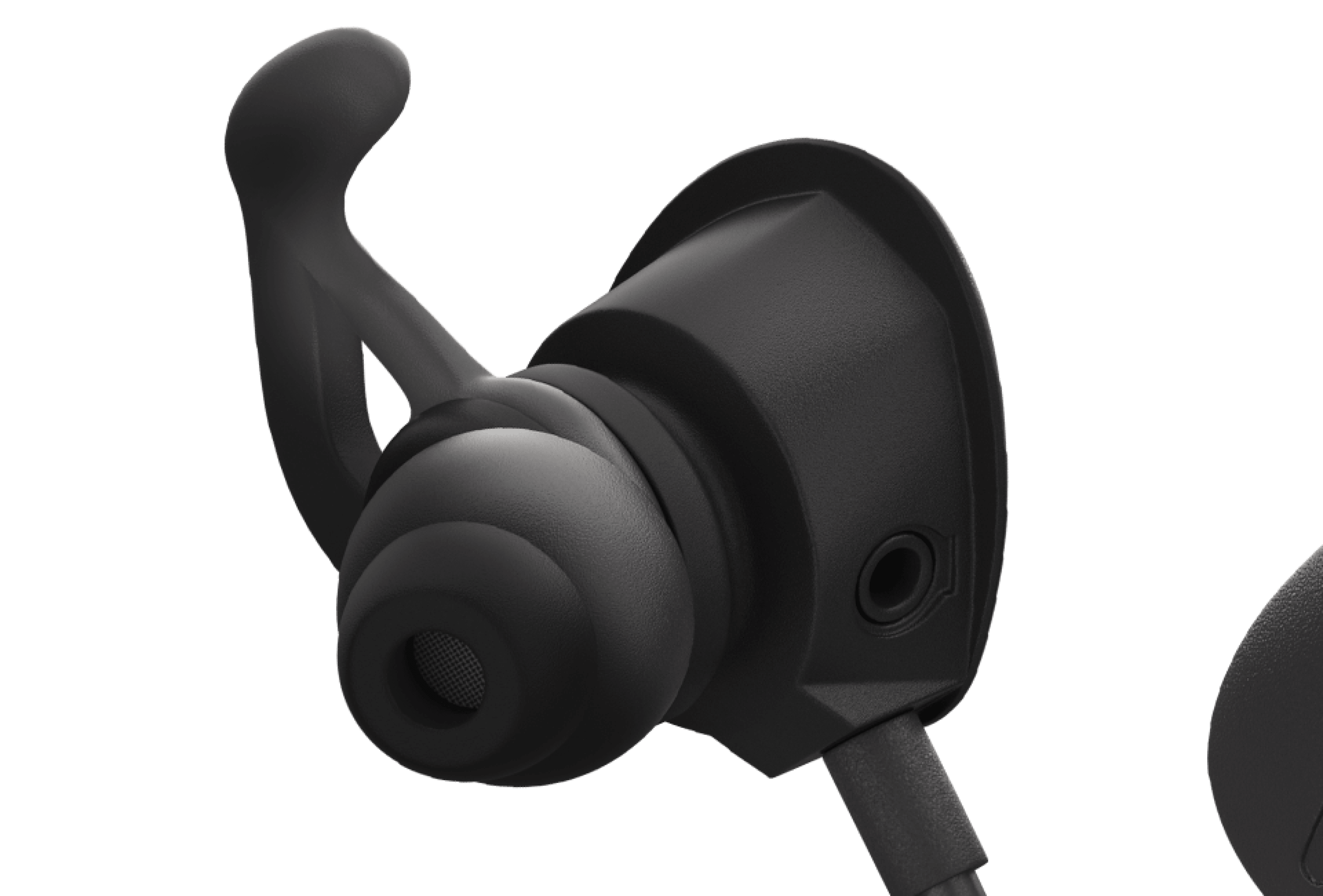 Earbud with a flexible hook for secure fitting and an audio connection port.