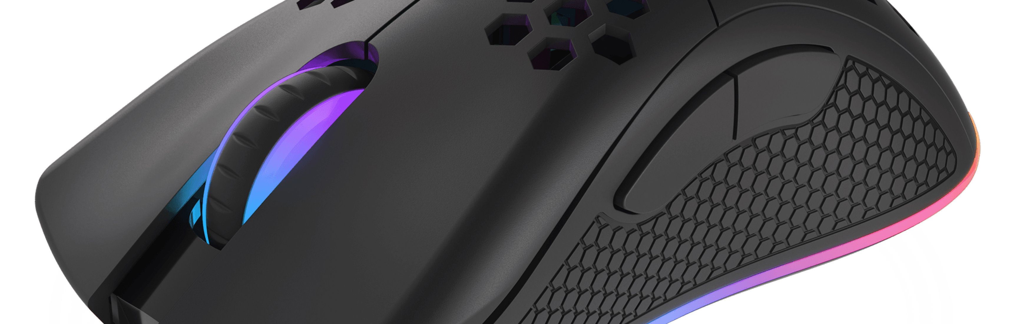 Black gaming mouse with RGB lighting, 8000 DPI sensitivity, and programmable buttons. Features a lightweight design and mesh grip