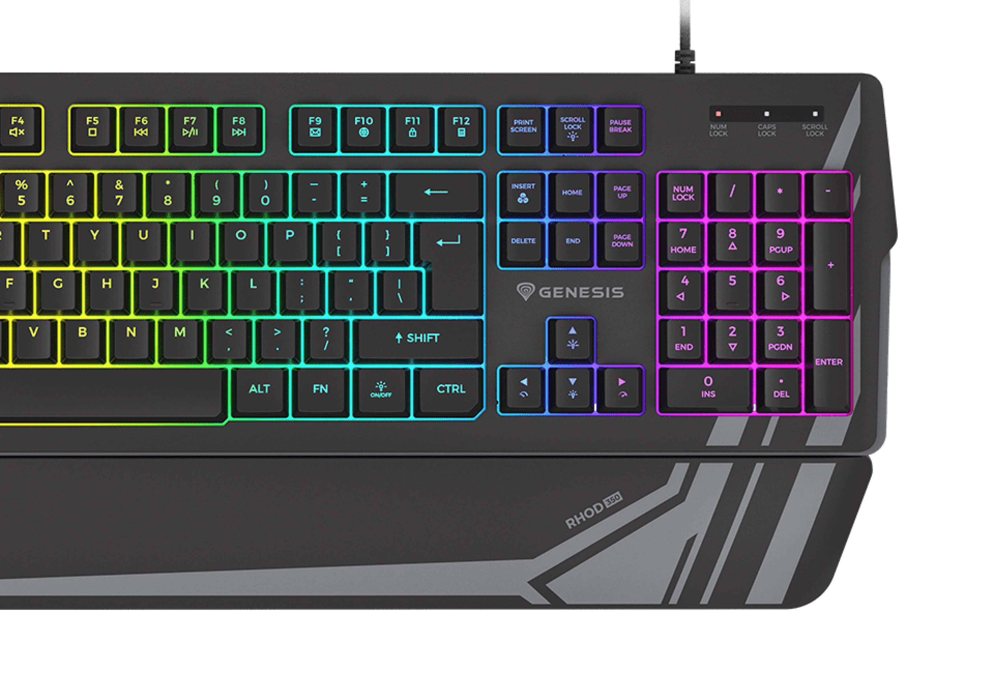 Keyboard with backlit keys featuring a gradient of colors and a sleek design.