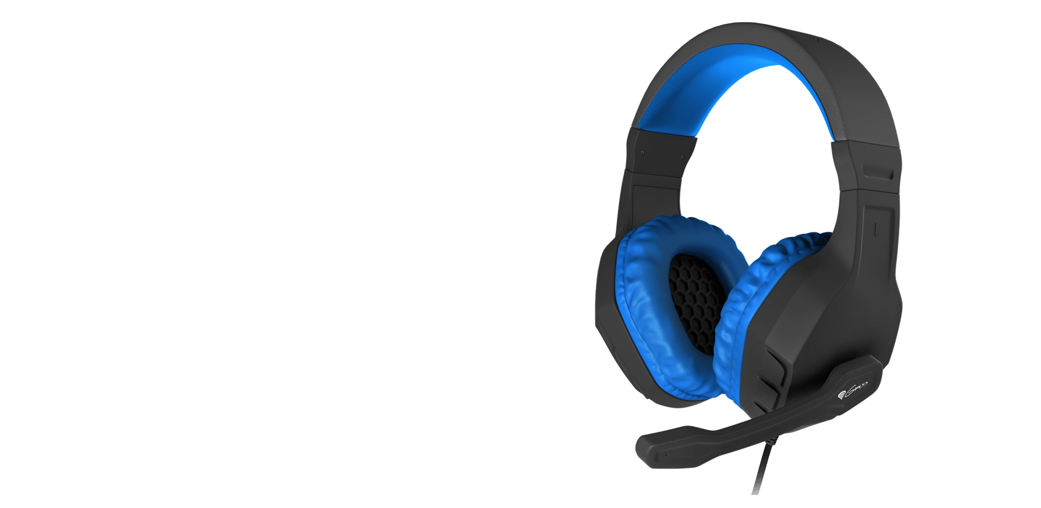 Black and blue Genesis Argon 200 over-ear headphones with a microphone, featuring padded ear cushions for comfort