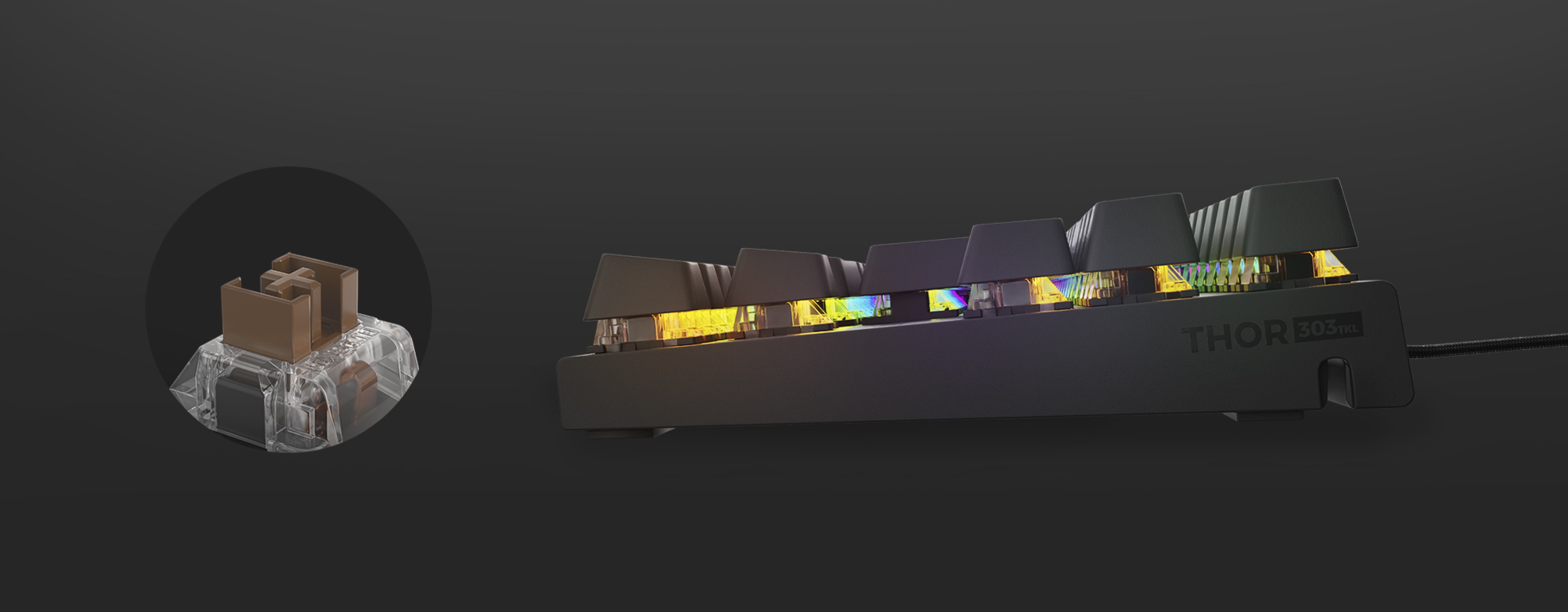 Mechanical gaming keyboard with RGB lighting, showing key switches and a sleek black design. Features hot-swap capability and brown switches