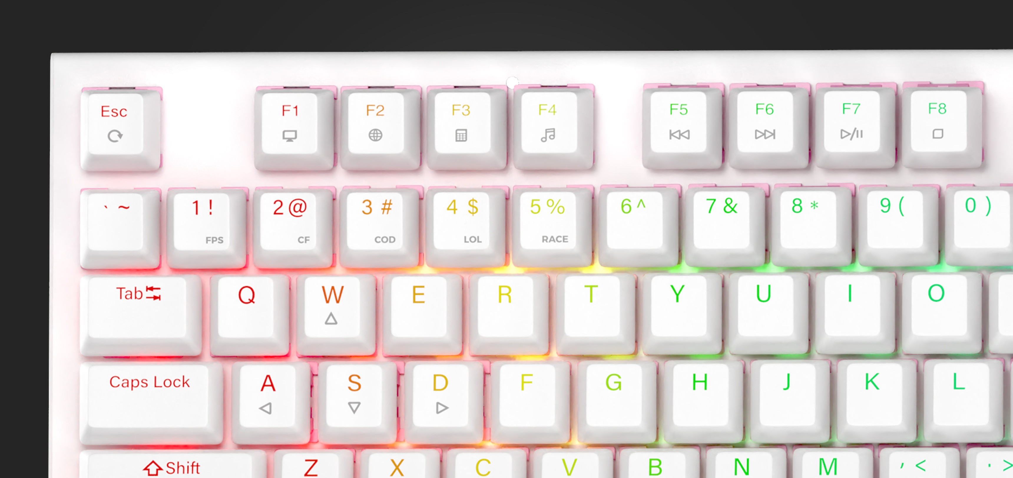 RGB backlit mechanical keyboard with white keys and brown switches, featuring customizable lighting effects