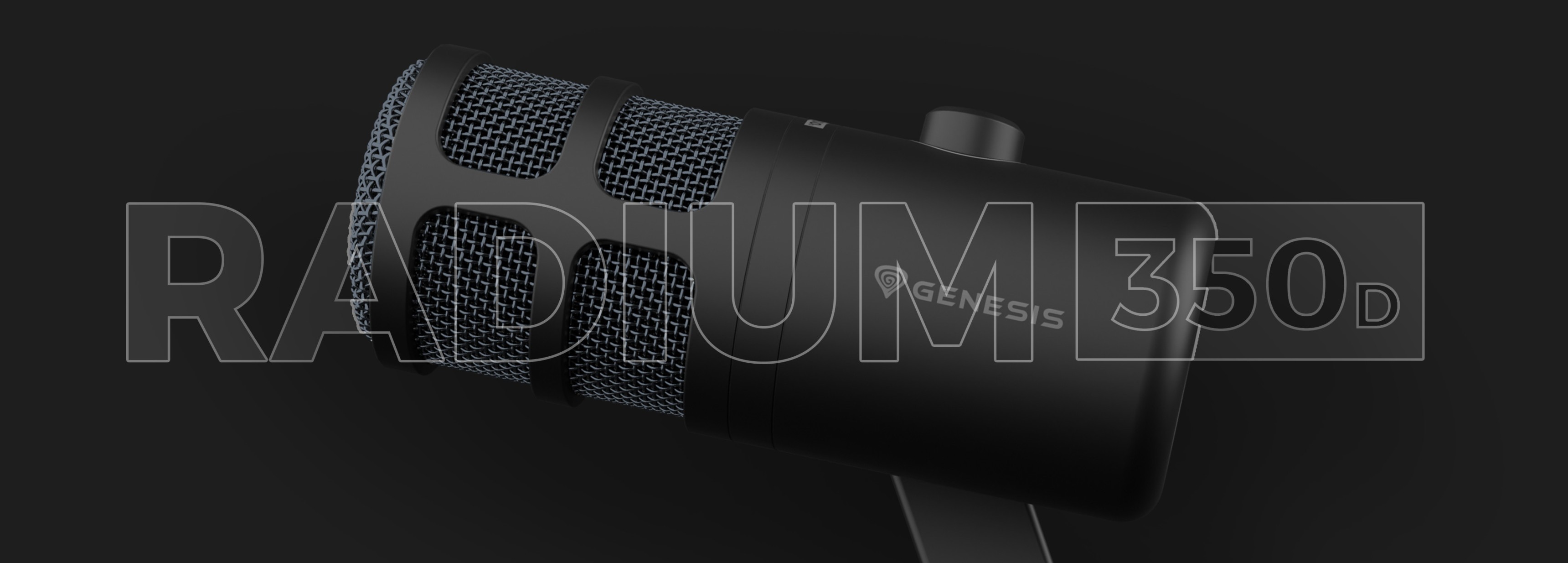 Dynamic USB microphone Genesis Radium 350D, featuring a sleek black design and a sturdy mesh windscreen