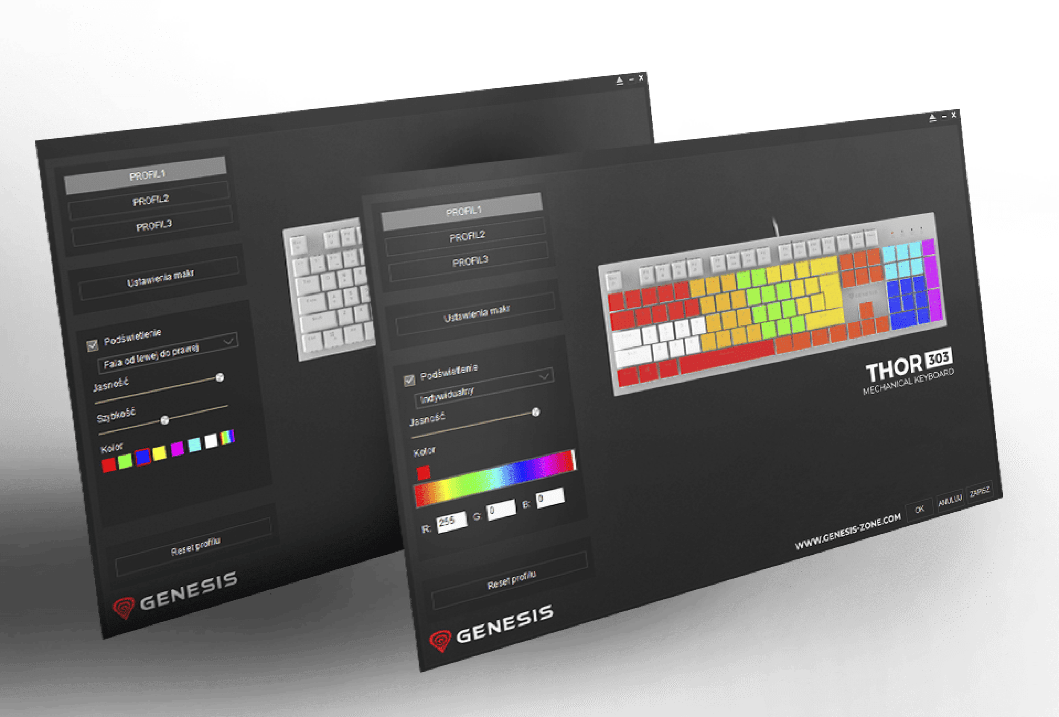 Software interface displaying the RGB lighting customization options for the Genesis Thor 303 gaming keyboard