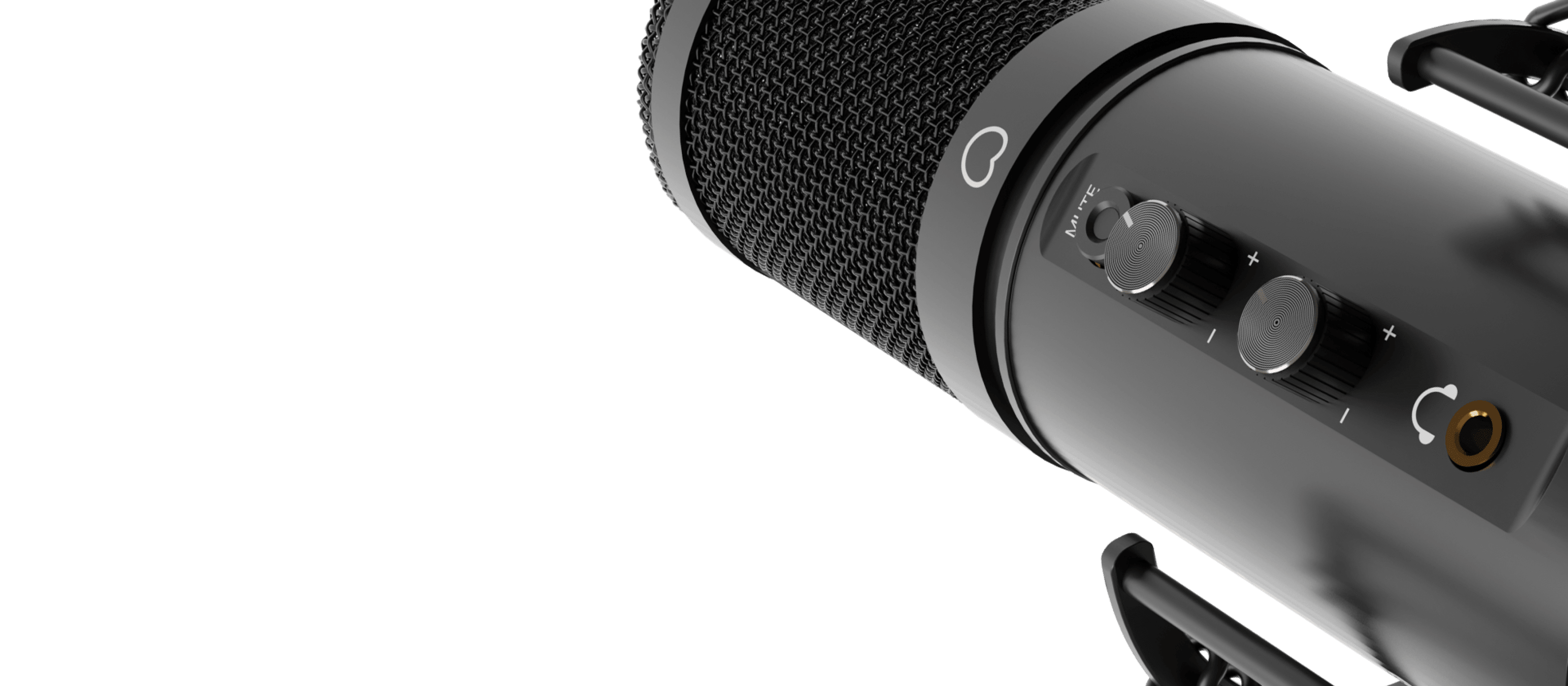 Close-up of the Genesis Radium 600 G2 USB microphone featuring a textured mesh grille and control knobs