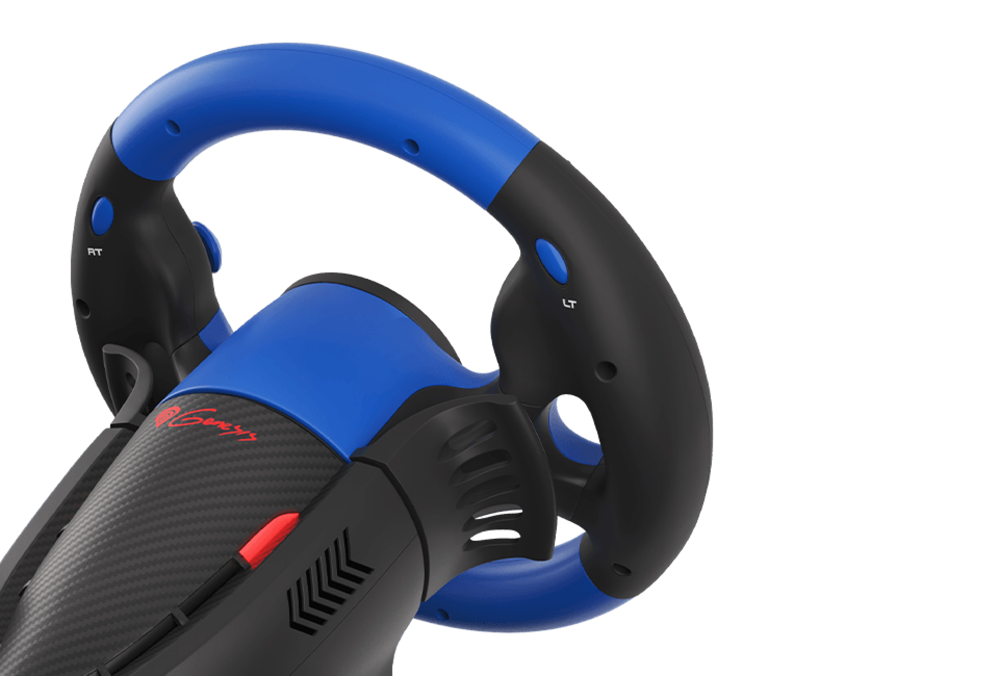 Gaming steering wheel with a black and blue design, featuring ergonomic grips and buttons for PC, PS3, PS4, Xbox One, Xbox 360, and Nintendo Switch