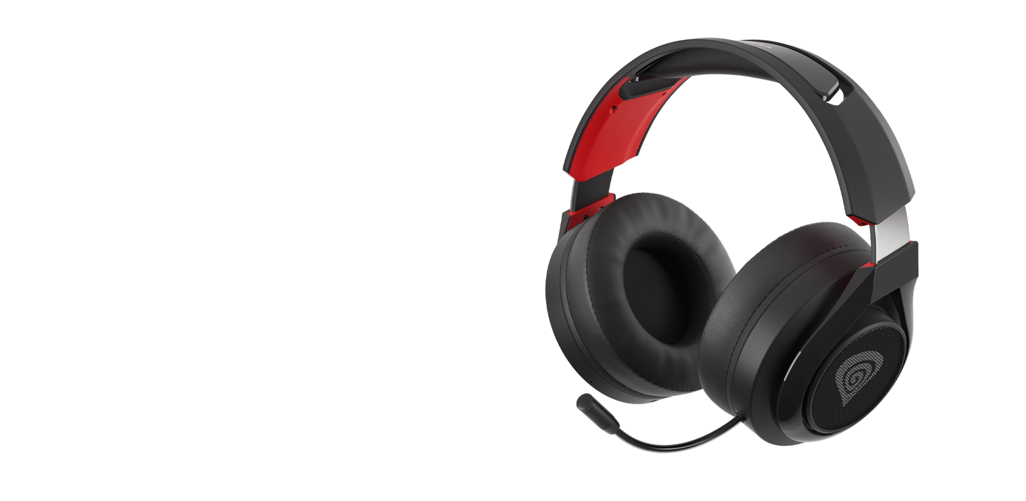 Black and red wireless over-ear headphones with a microphone