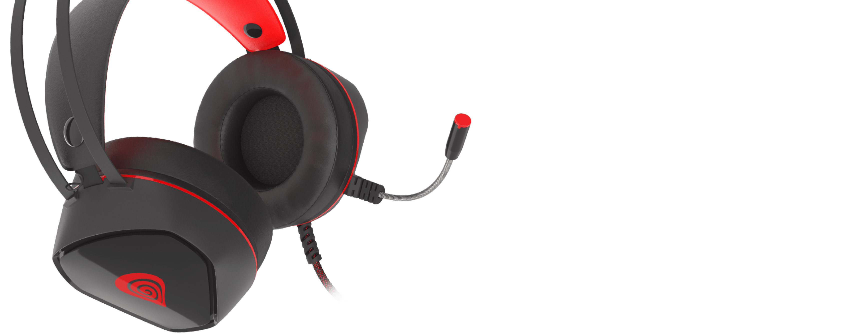 Headset with a flexible microphone and cushioning for comfort in black and red colors.