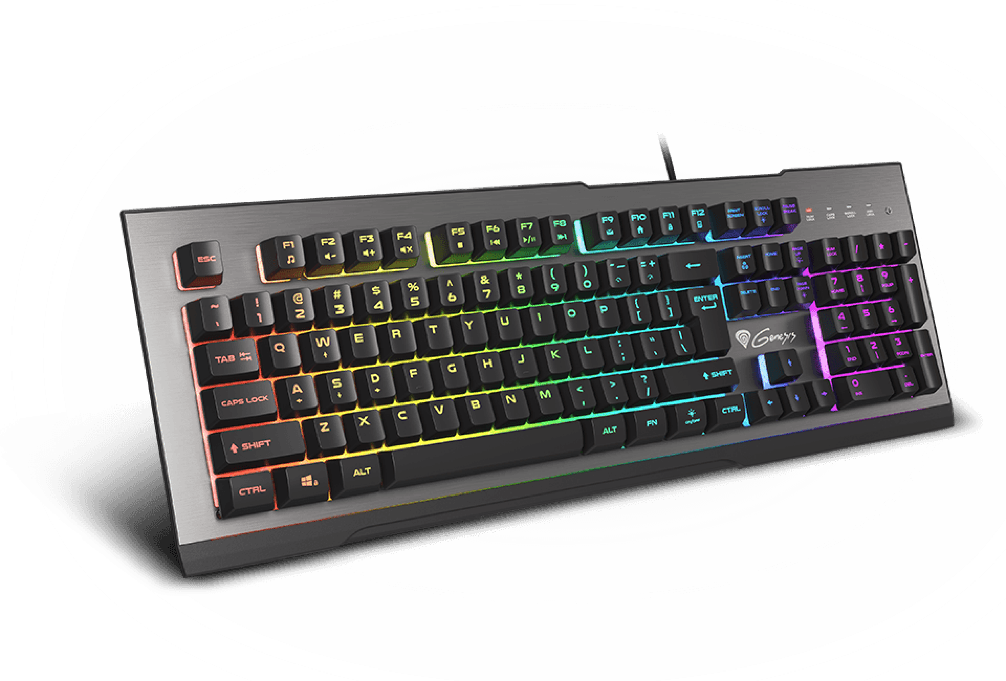 Keyboard with colorful backlighting and a connection cable.