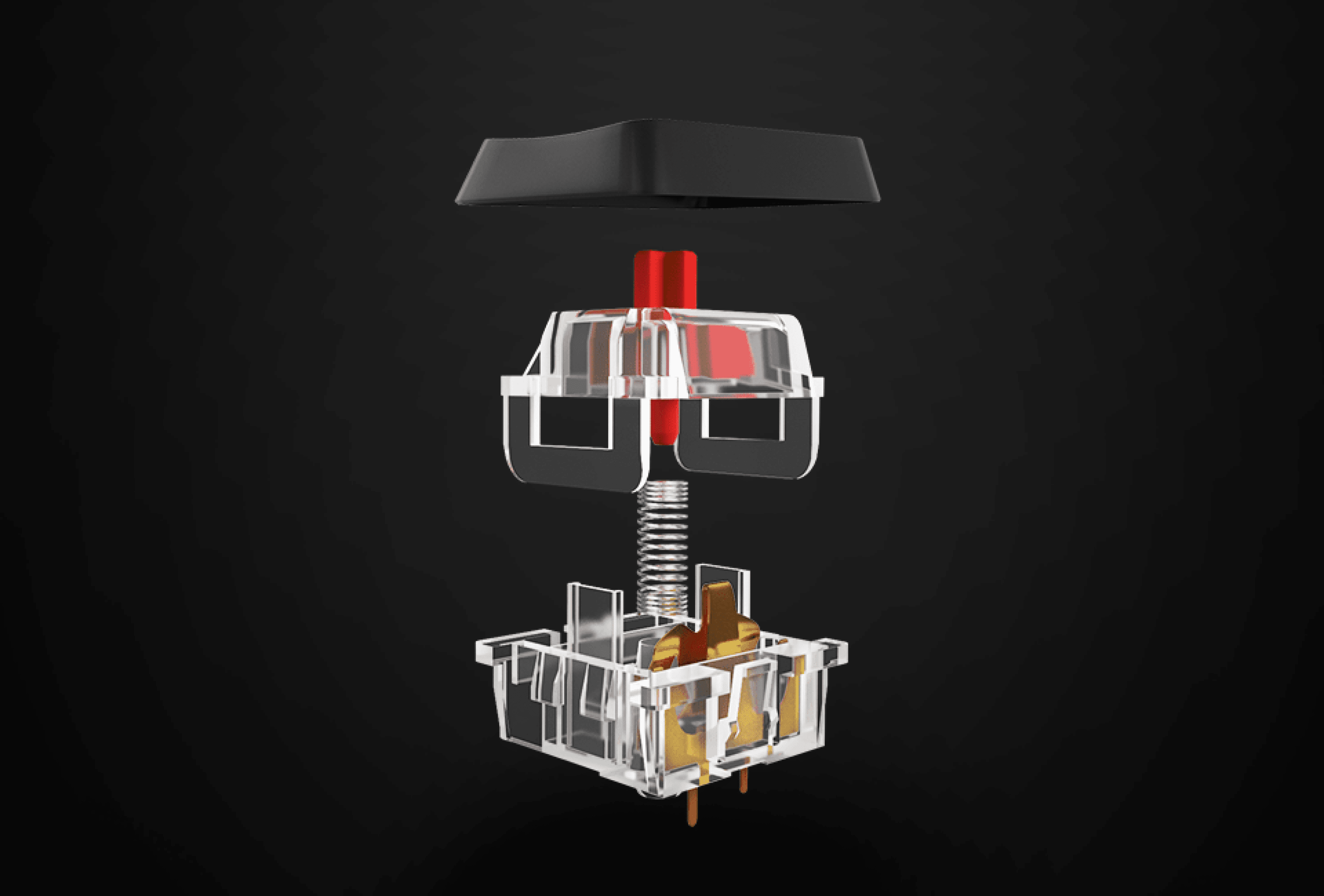 An exploded view of a mechanical keyboard switch with clear housing and red stem.