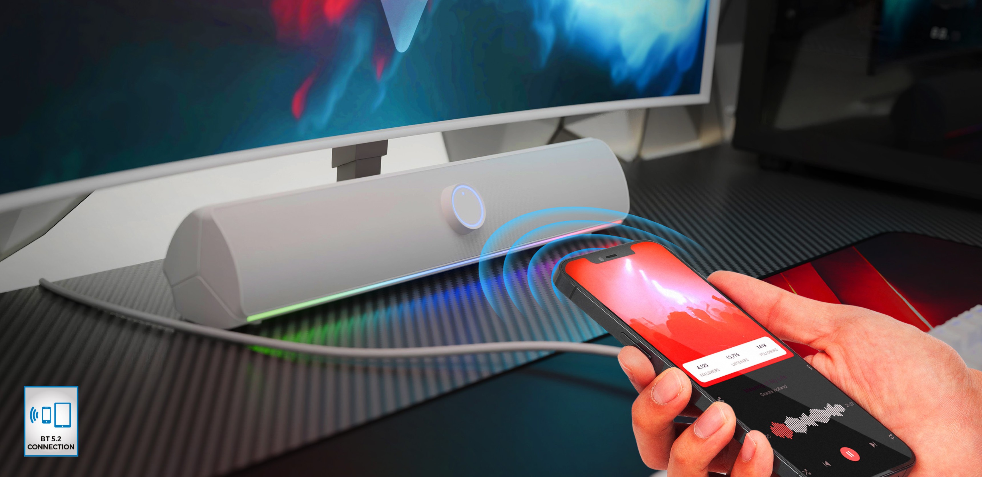 White Bluetooth soundbar with colorful LED light, connected to a smartphone for audio playback