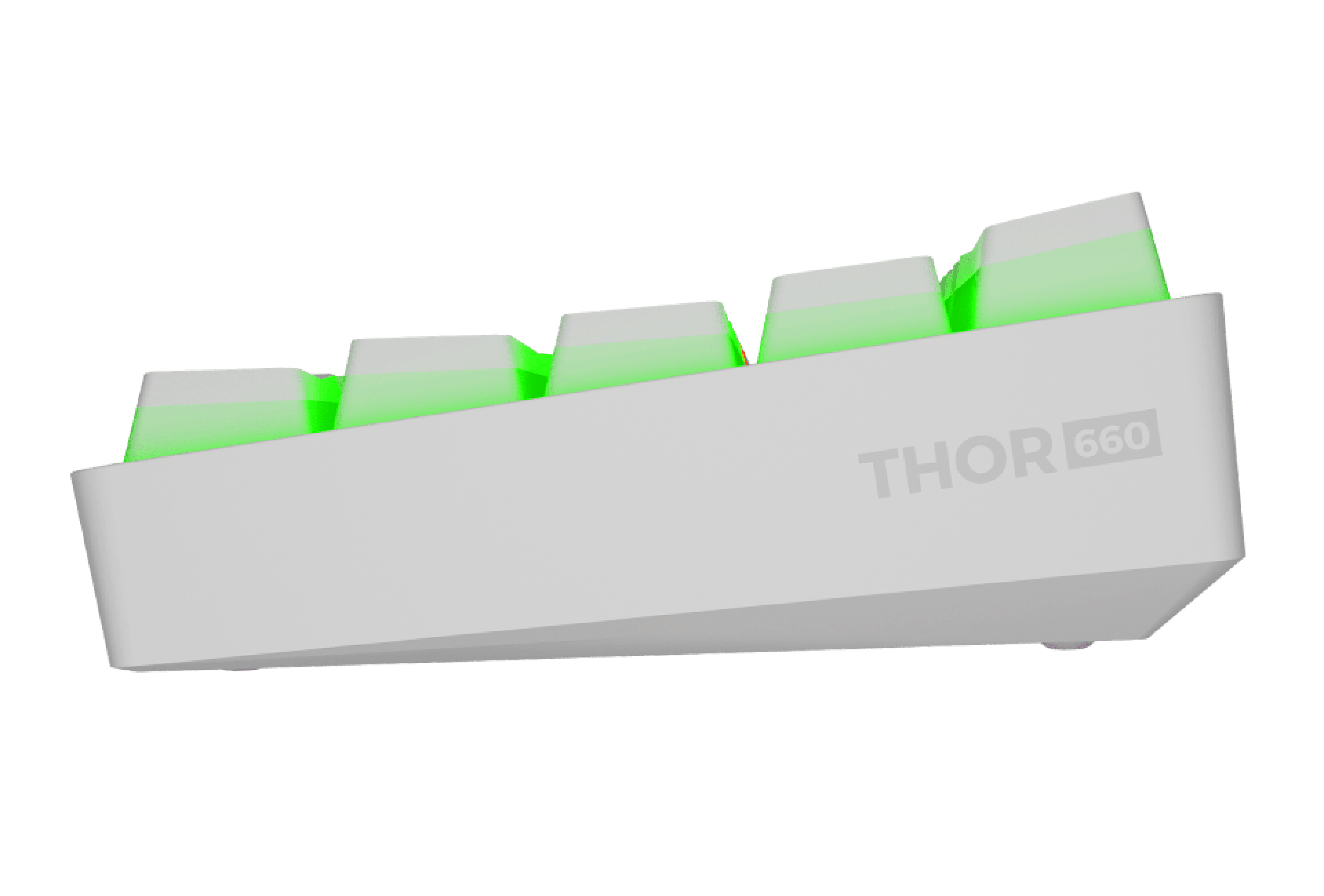 A white keyboard with green illuminated keys and a sleek design.