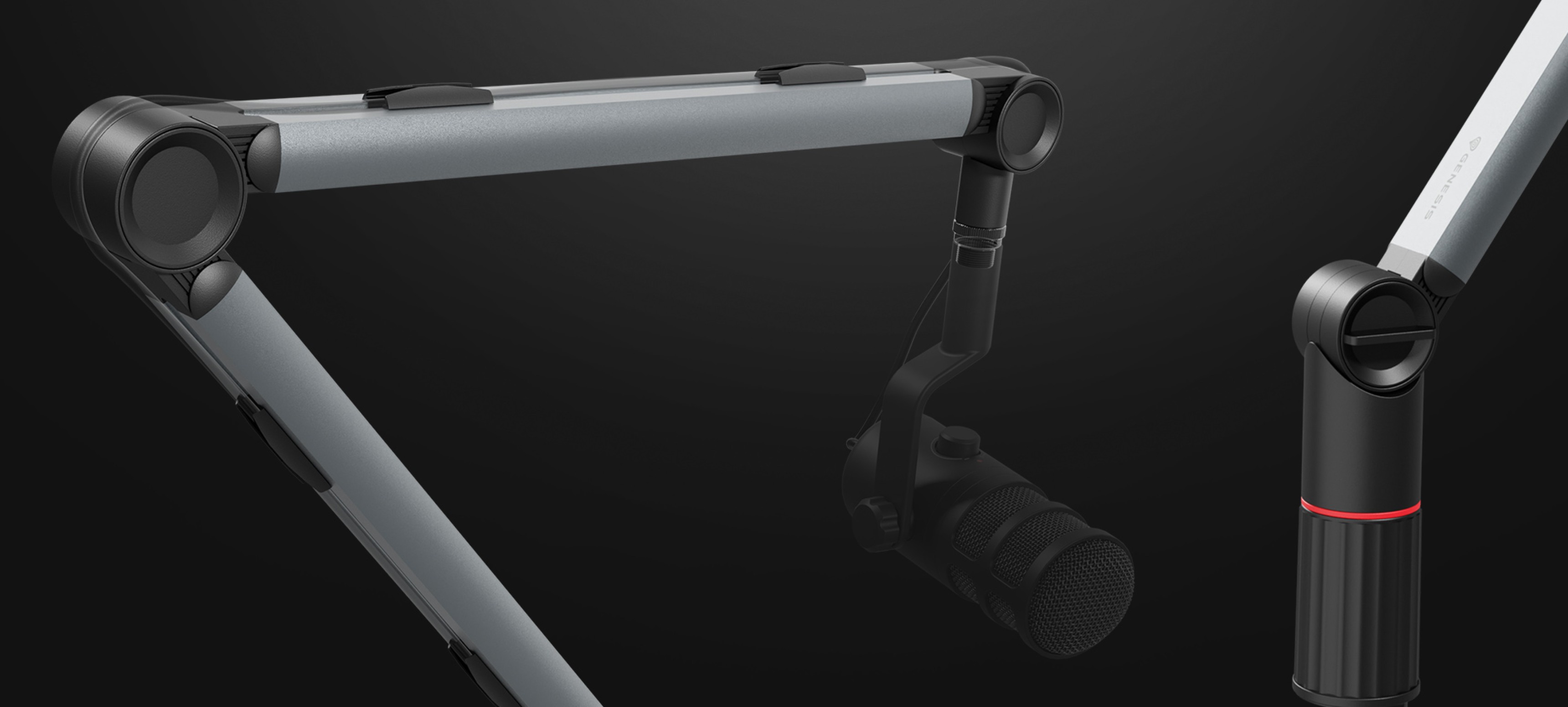 Adjustable microphone arm with a sleek design, featuring a black and silver finish, designed for stability and flexibility