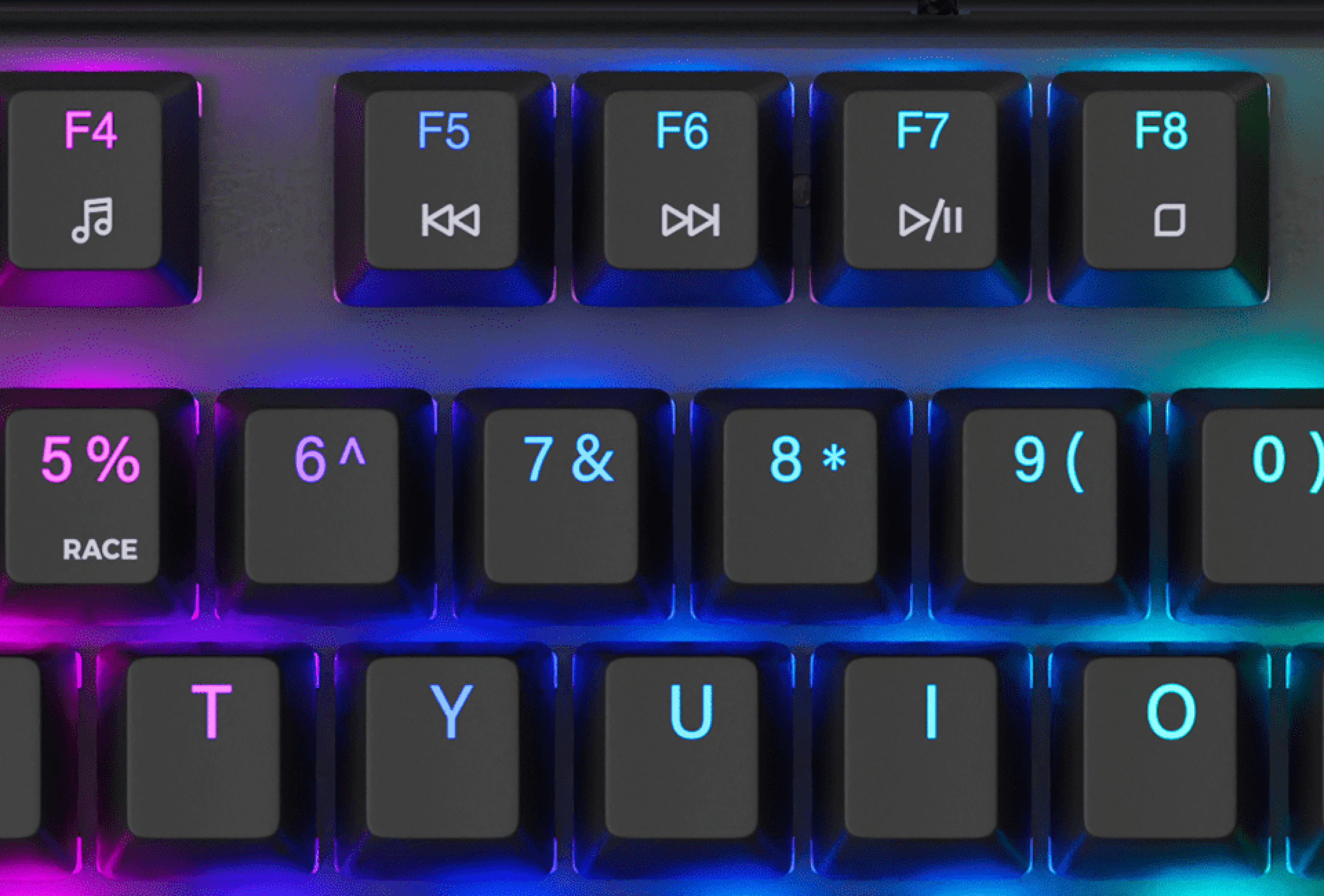 Close-up of a gaming keyboard with RGB backlighting, focusing on the number and function keys