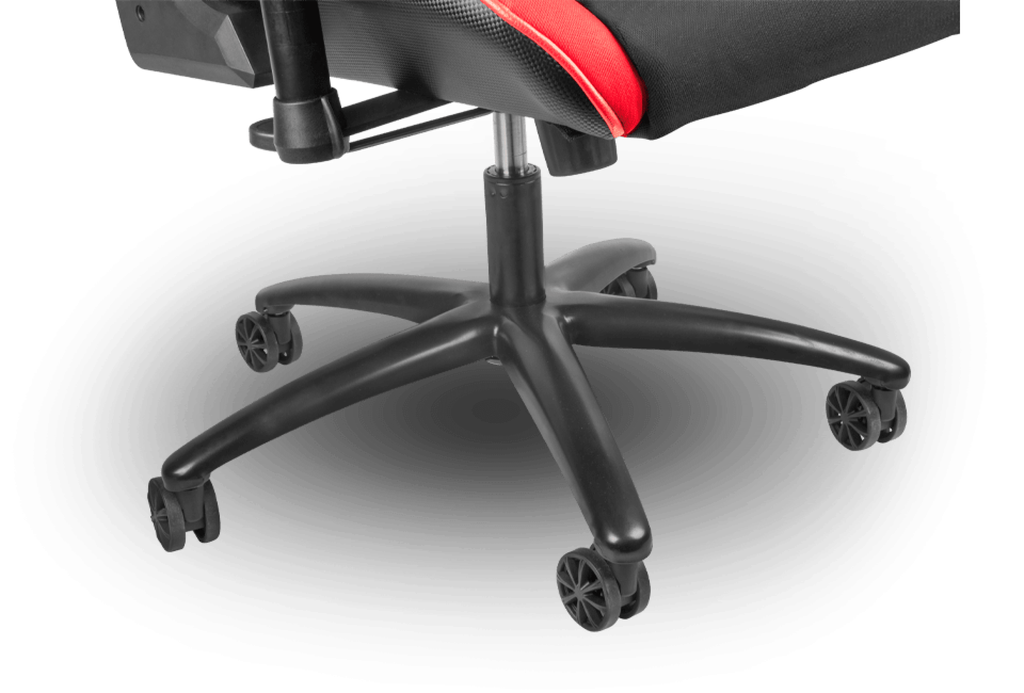Black and red gaming chair base with five wheels for mobility. Adjustable height mechanism visible
