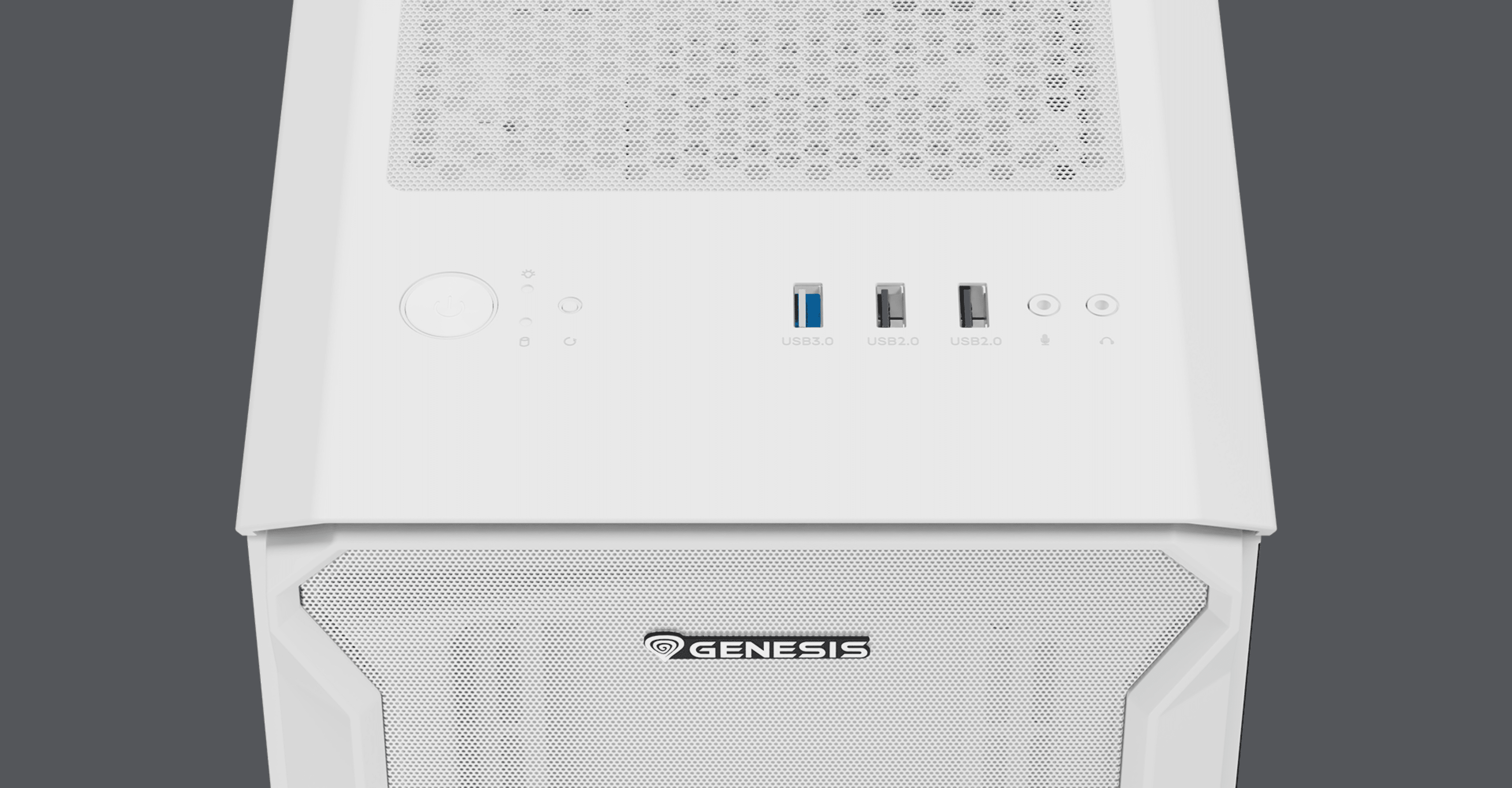 White Genesis Irid 503 ARGB Lite MATX mini tower case with a side window and front I/O ports