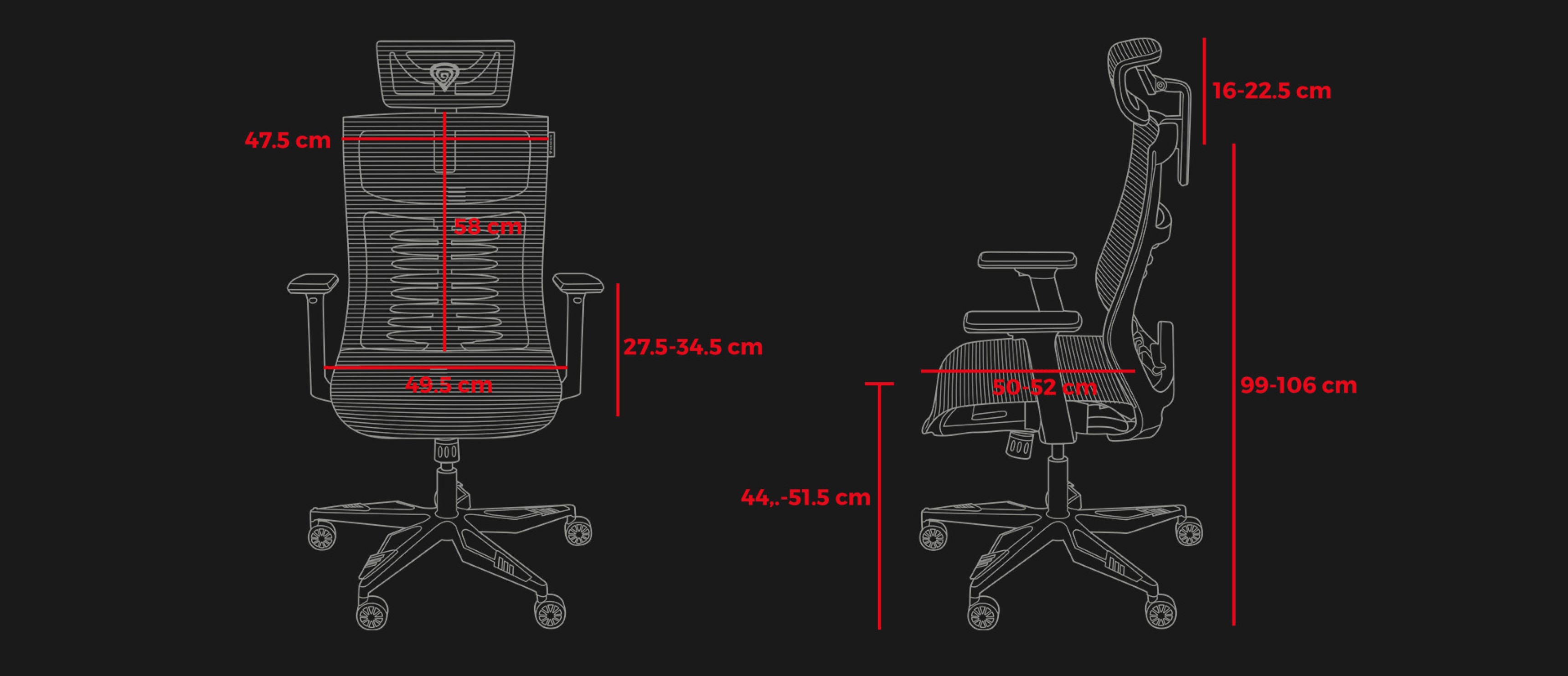 Dimensions and design specifications of the Genesis Astat 700 G2 ergonomic black chair, featuring measurements for height, width, and depth