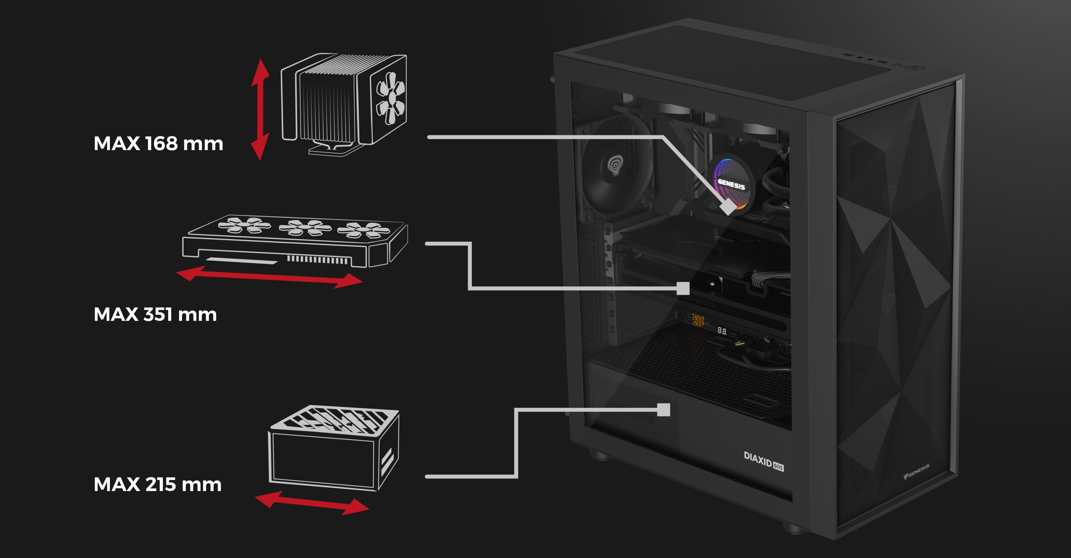 Black midi tower computer case with a transparent window and dimensions for components shown