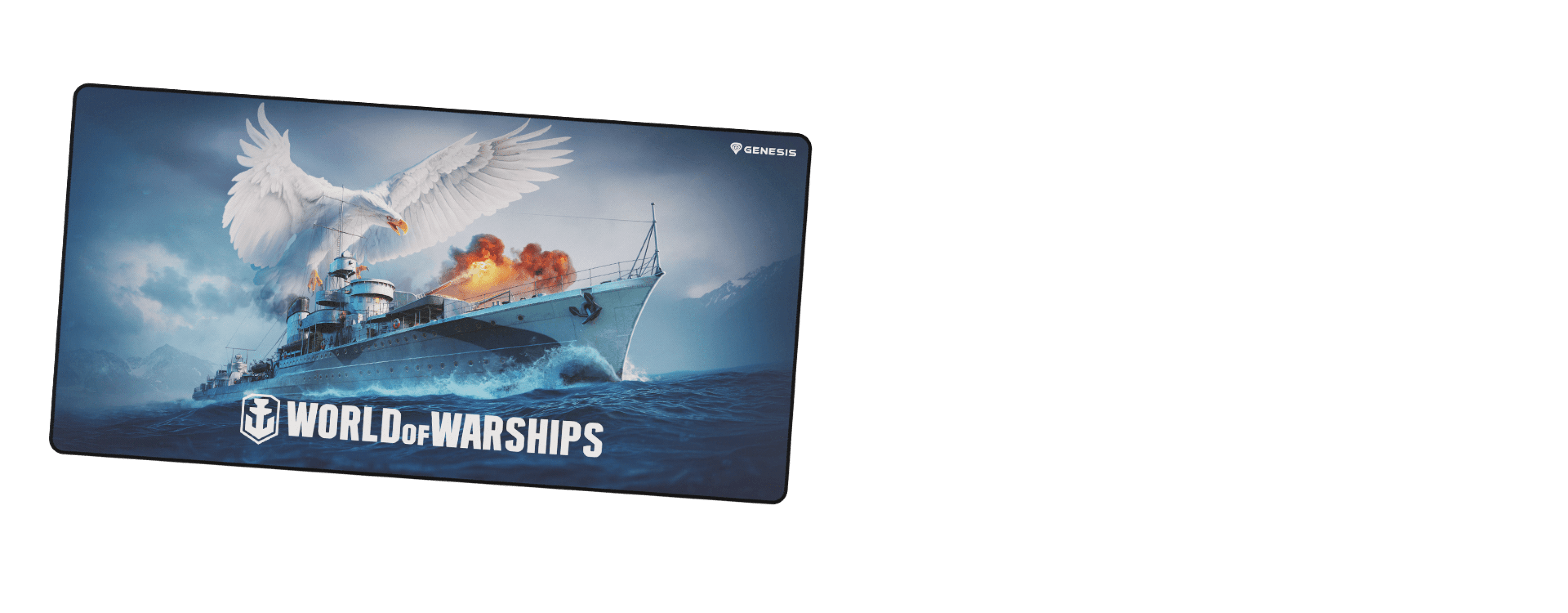 Large mouse pad featuring a dramatic scene from "World of Warships" with a battleship and an eagle amidst explosions