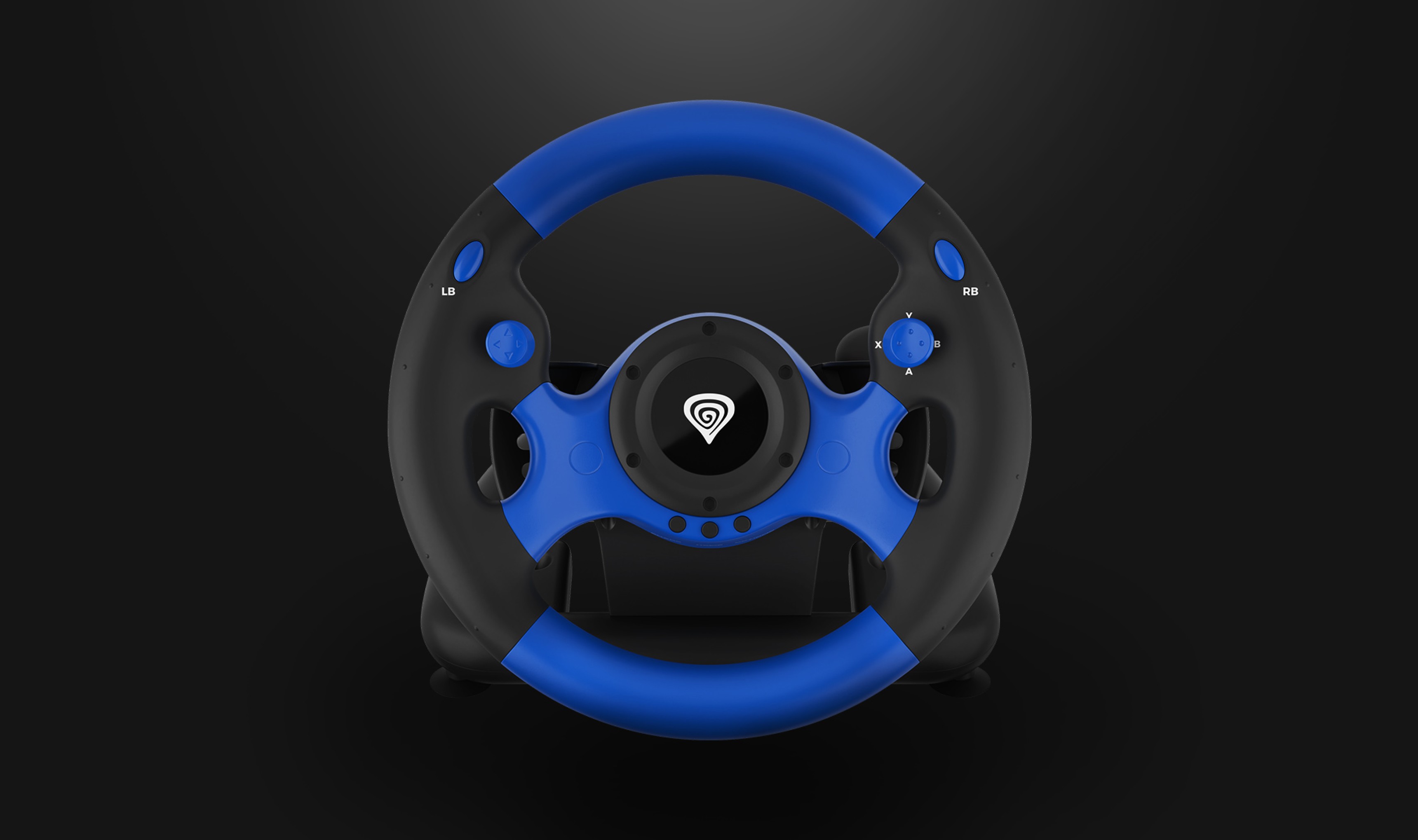 Black and blue gaming steering wheel compatible with PC, PS3, PS4, Xbox One, Xbox 360, and Nintendo Switch