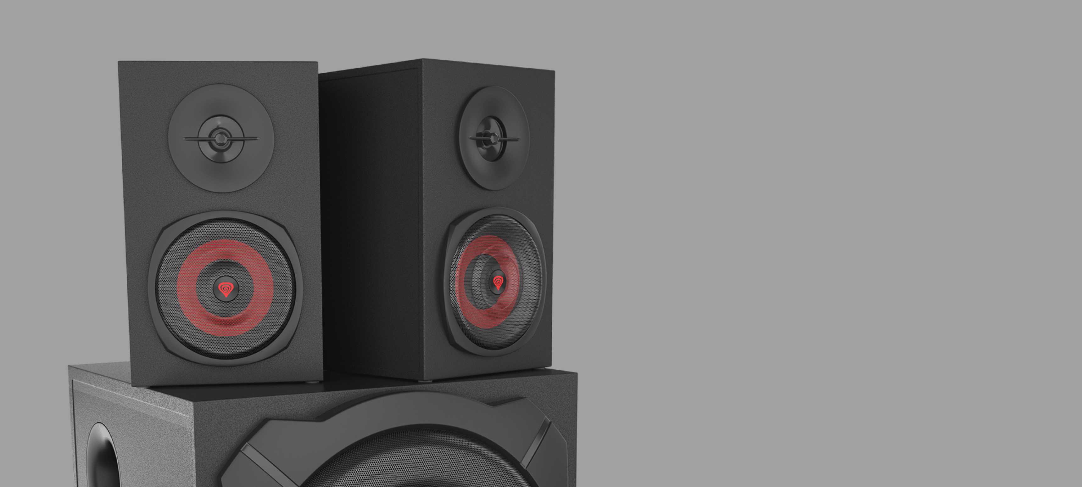Black Genesis Helium 610BT 2.1 speakers with a wired remote, featuring two satellite speakers and a subwoofer