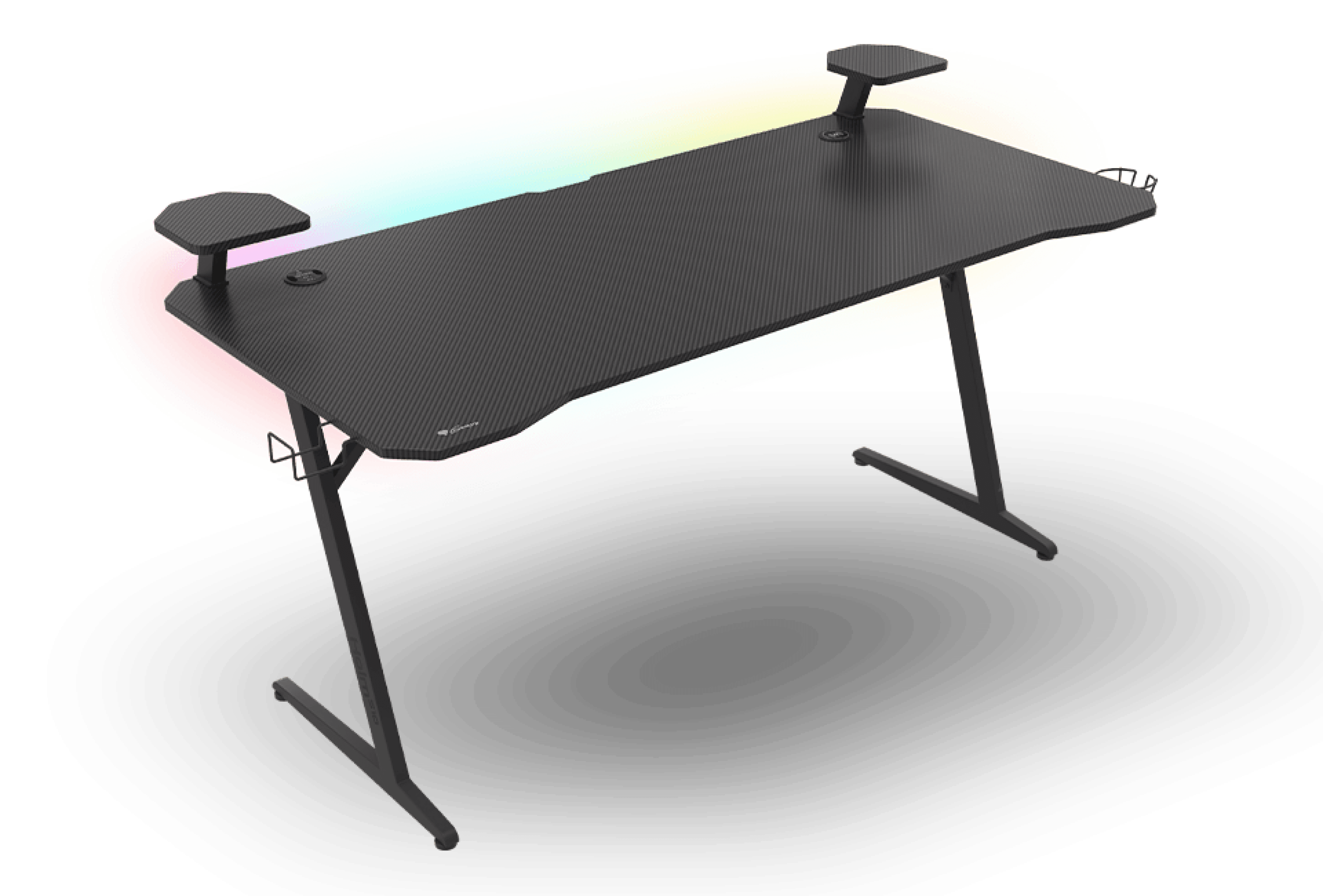 RGB gaming desk with a carbon fiber texture, featuring dual armrests and cable management, dimensions 160x75 cm