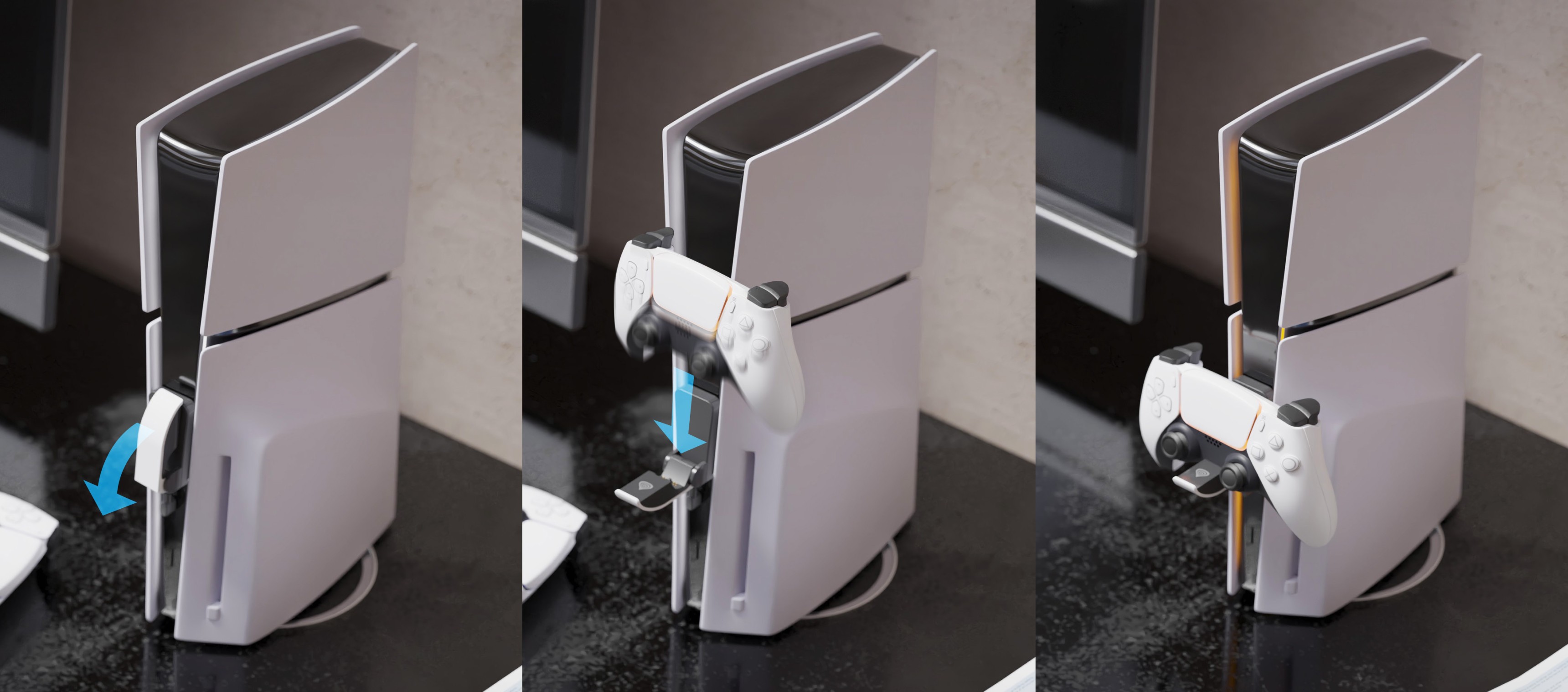 Charging station for Genesis TIN 305 controller, designed for PS5 Slim, showing connection process with the console