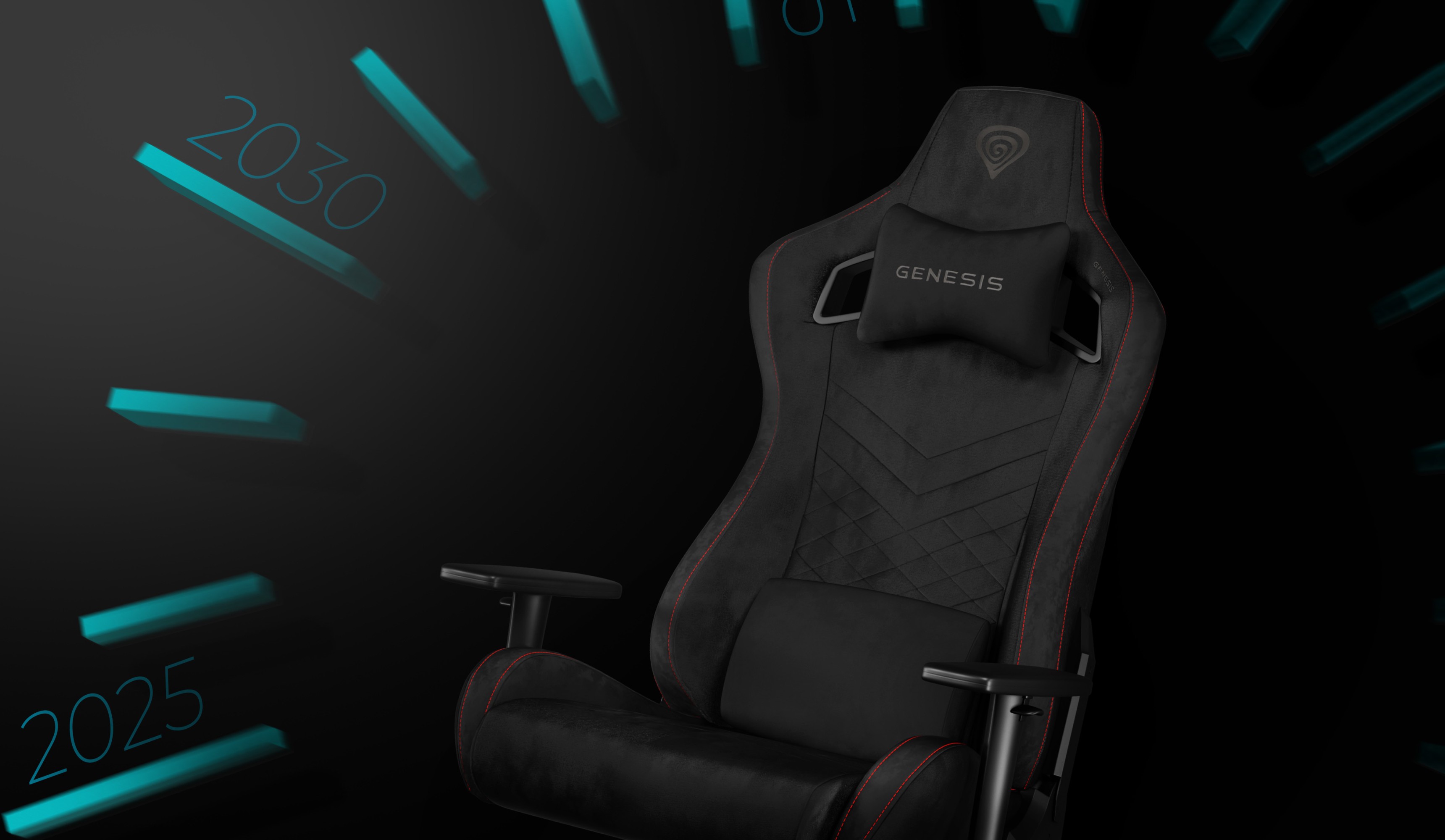 Racing-style chair with a black fabric finish and a small headrest cushion.