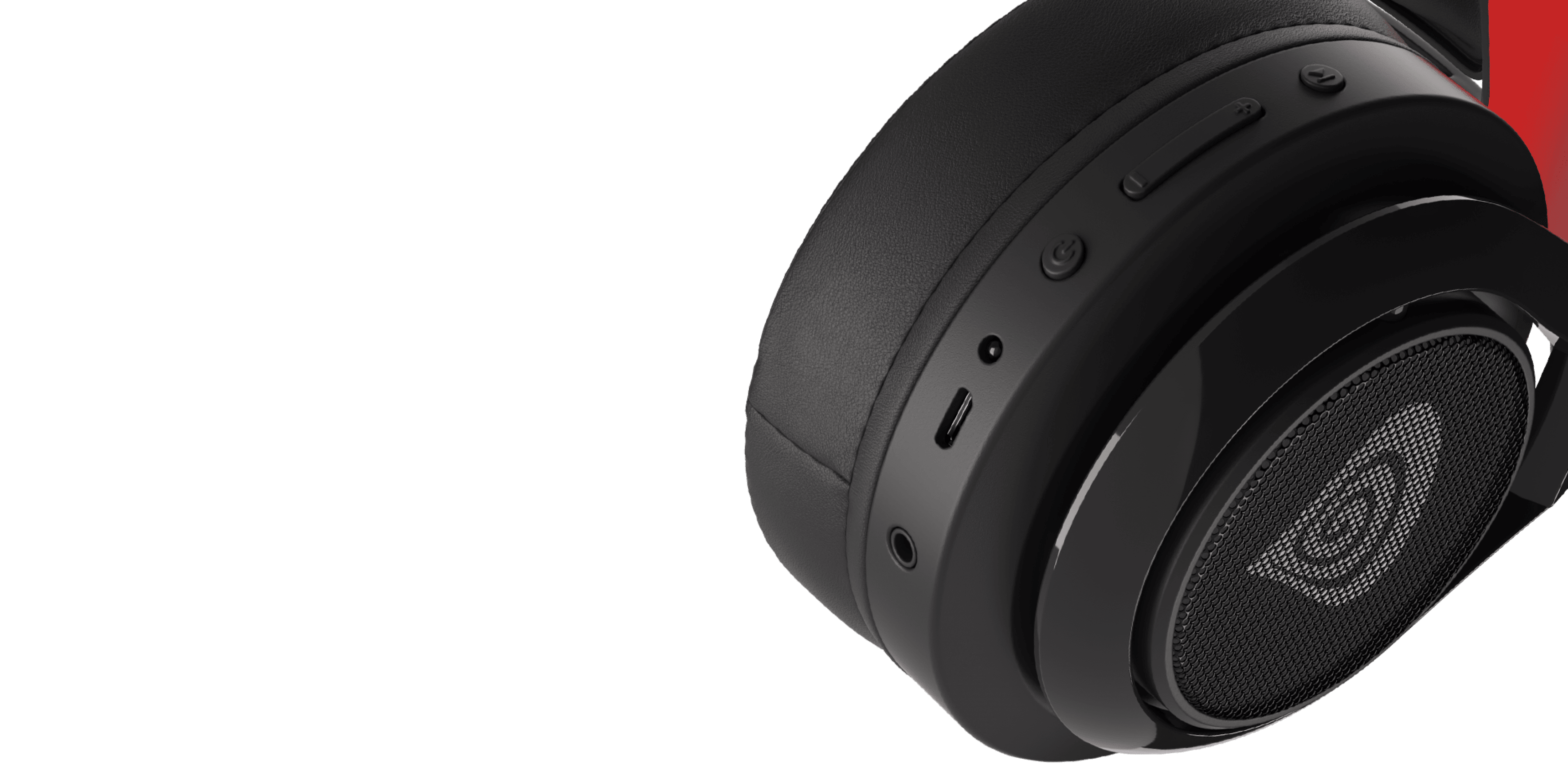Black and red wireless over-ear headphones with a microphone and control buttons
