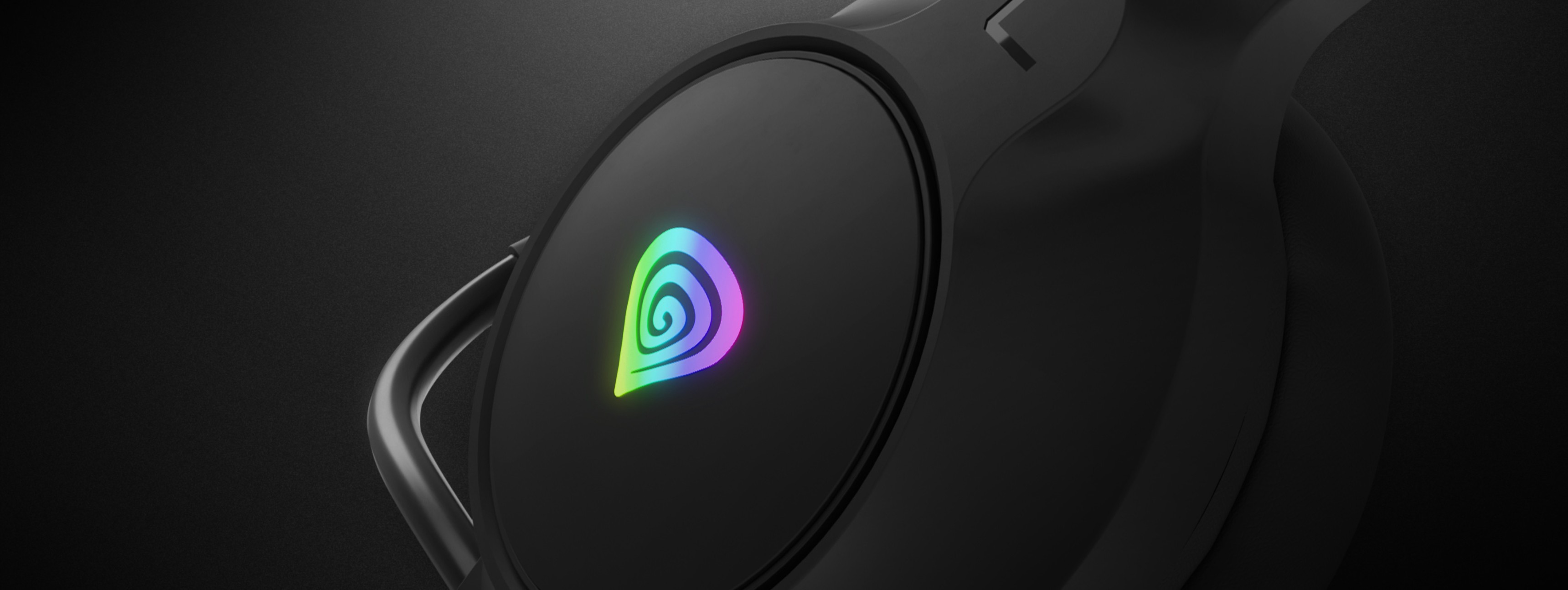 Black over-ear headphones with an RGB logo and microphone feature