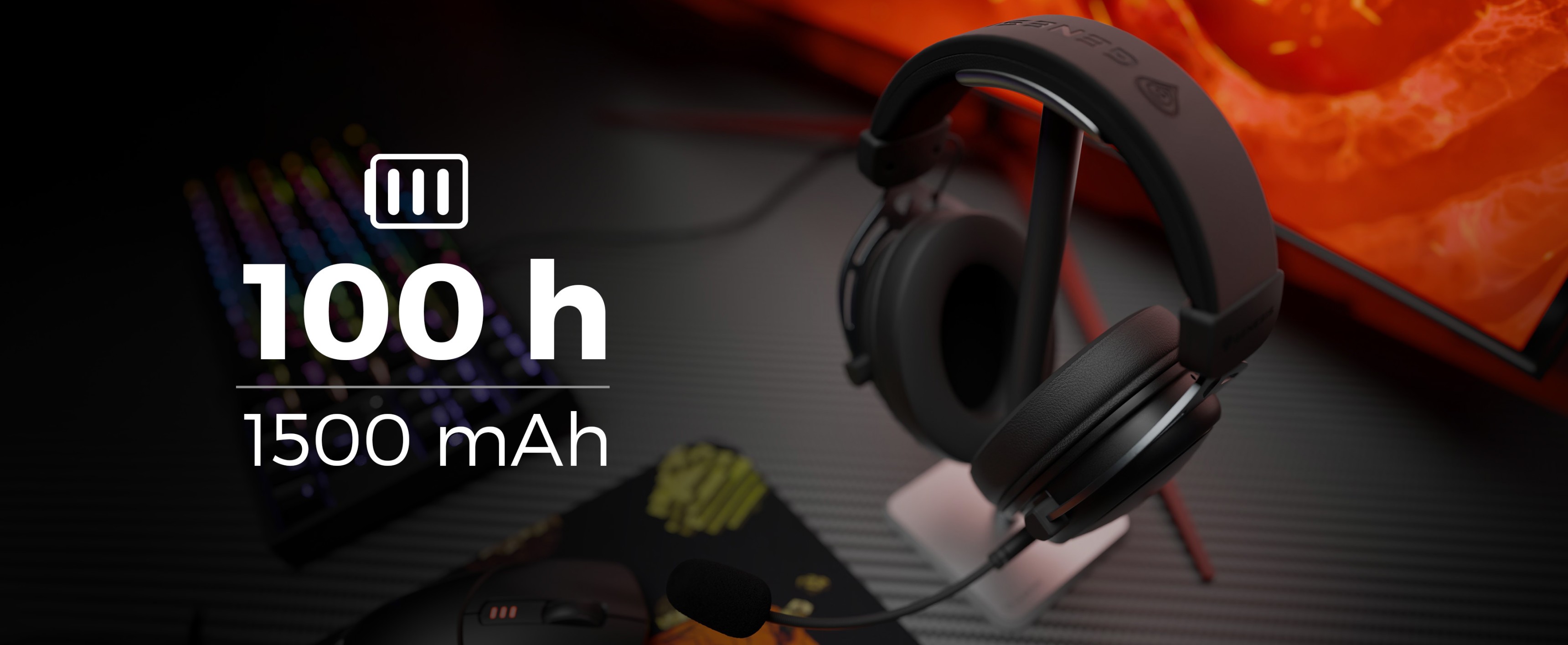Wireless black over-ear headphones with a microphone and battery details