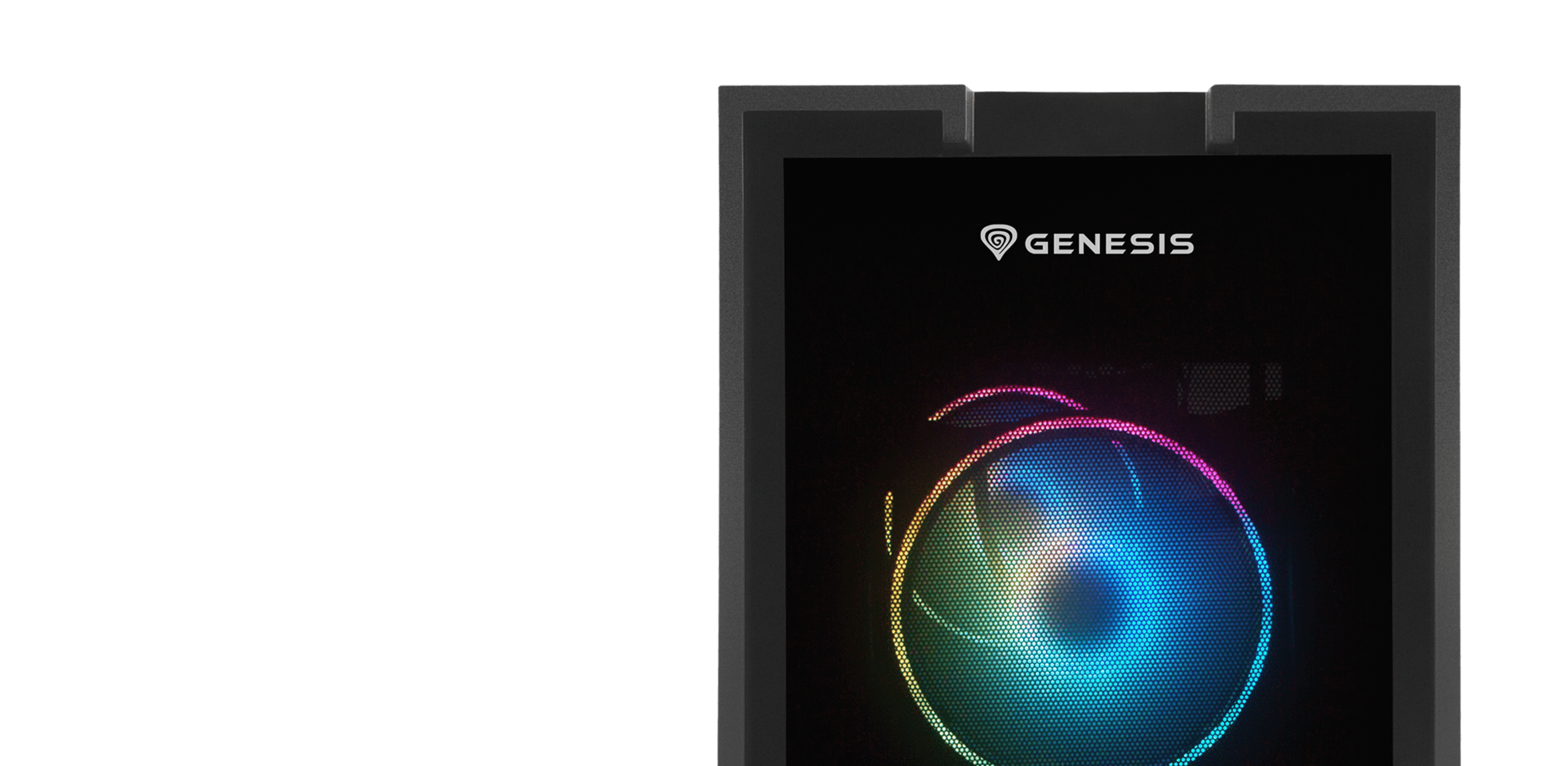 A display featuring a colorful light effect with a circular design and a dark background.