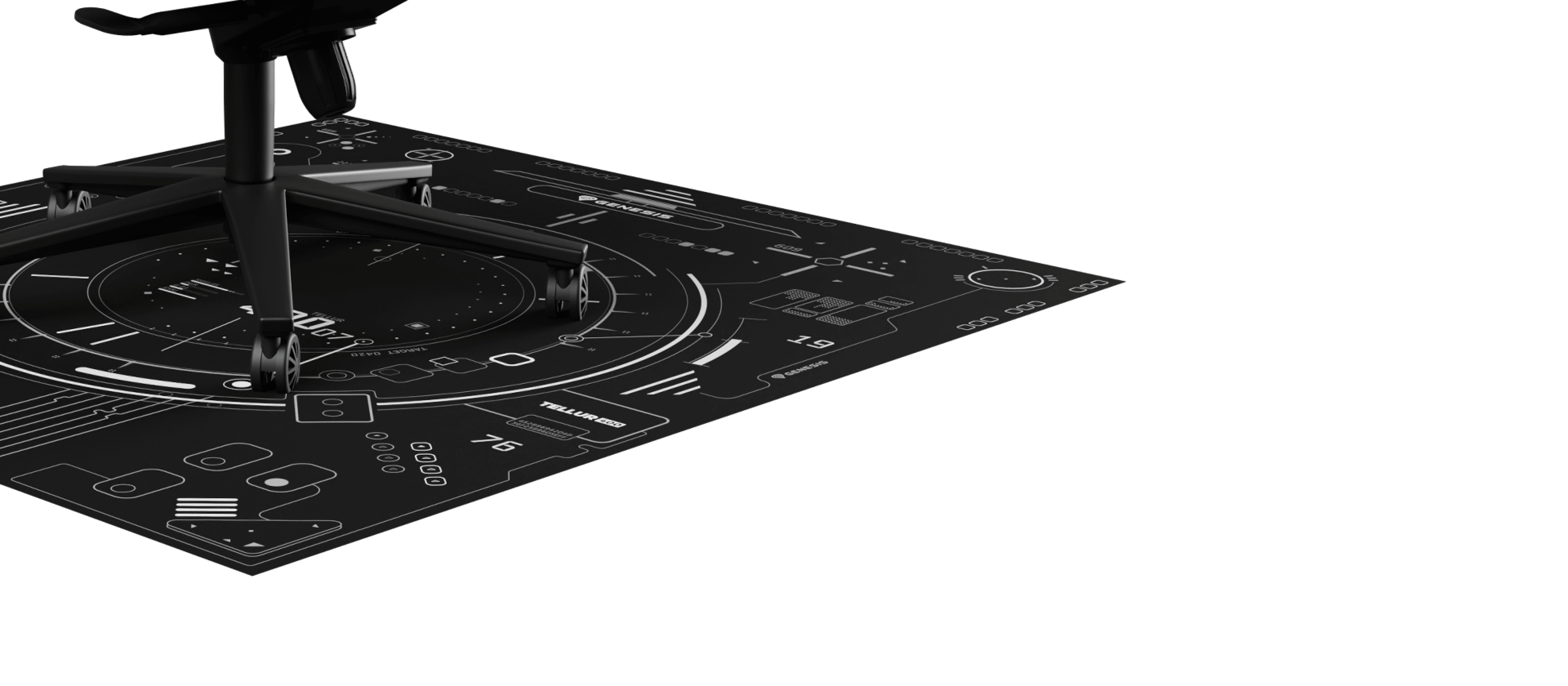 Square black mat with graphic designs underneath an office chair, measuring 110x100 cm