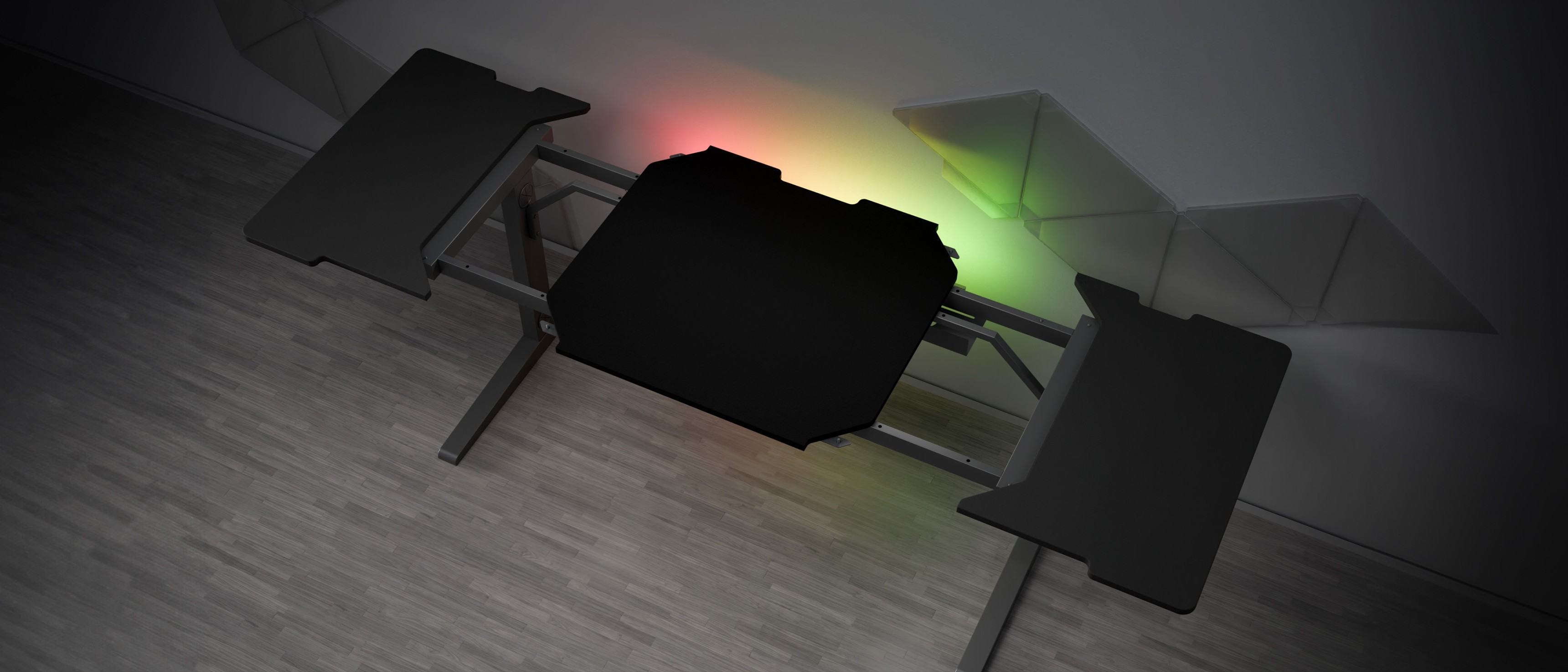 Modular left-side desk extension featuring a sleek black design with integrated LED lighting effects